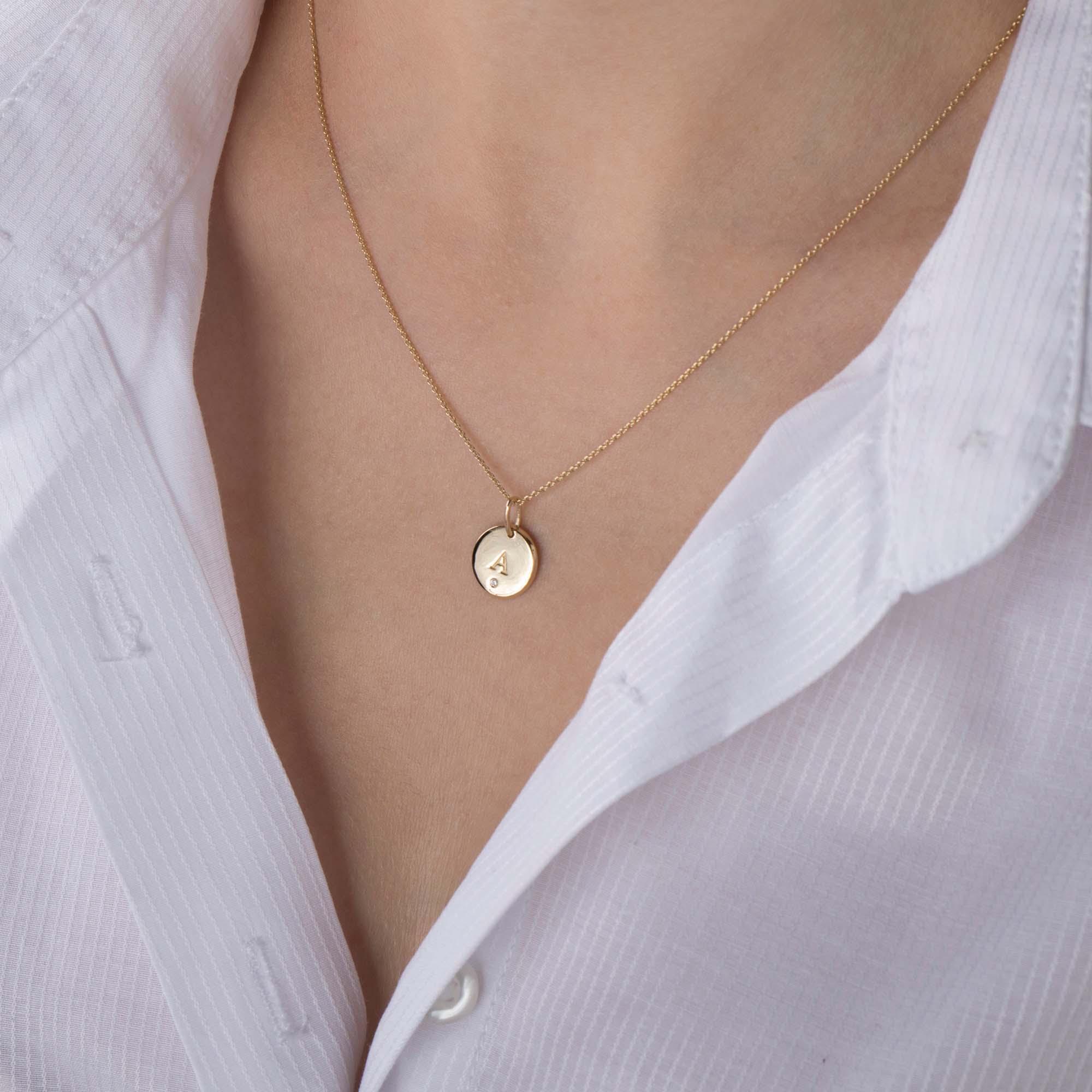 Mini Birthstone Initial Disc Pendant in 14K Gold