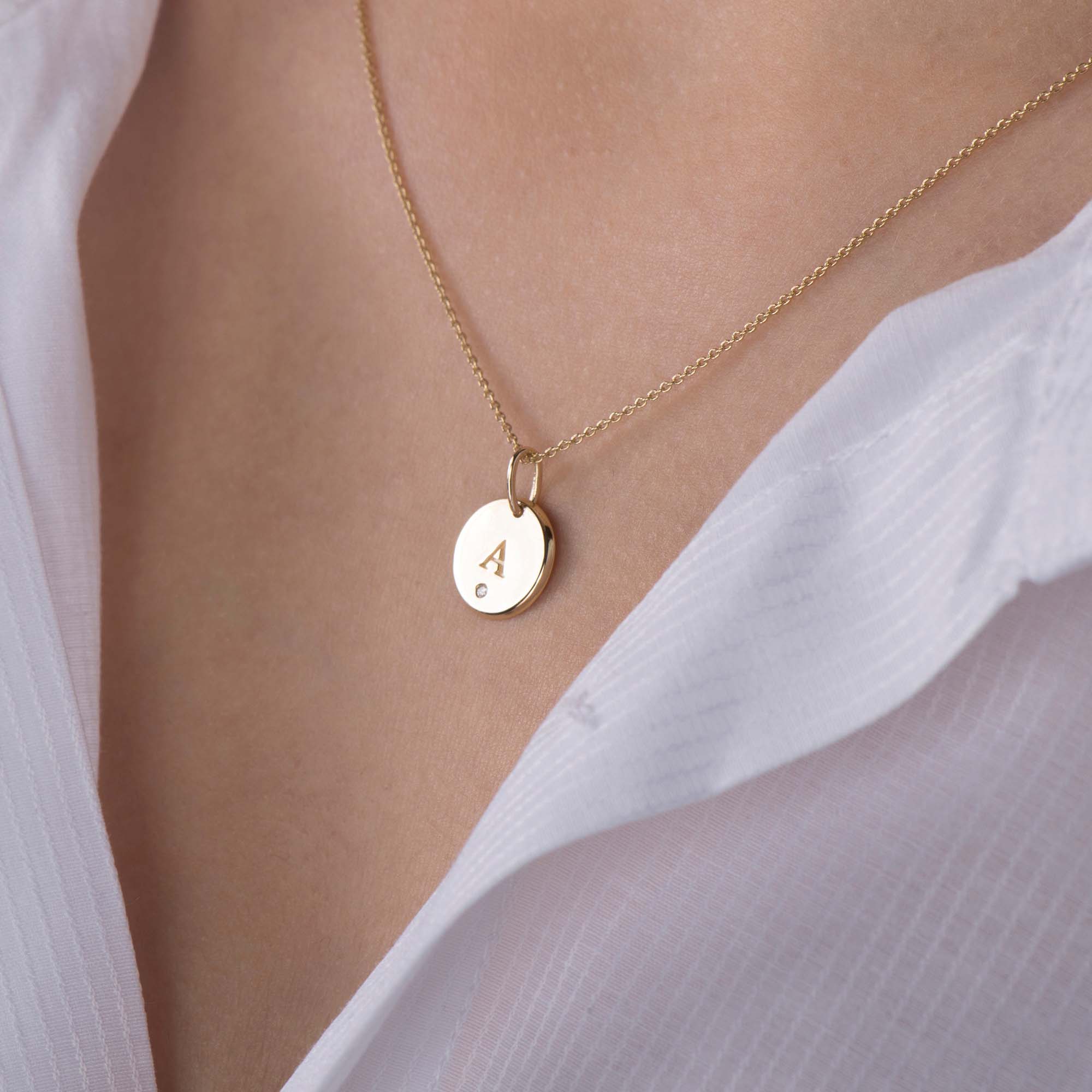 Mini Birthstone Initial Disc Pendant in 14K Gold