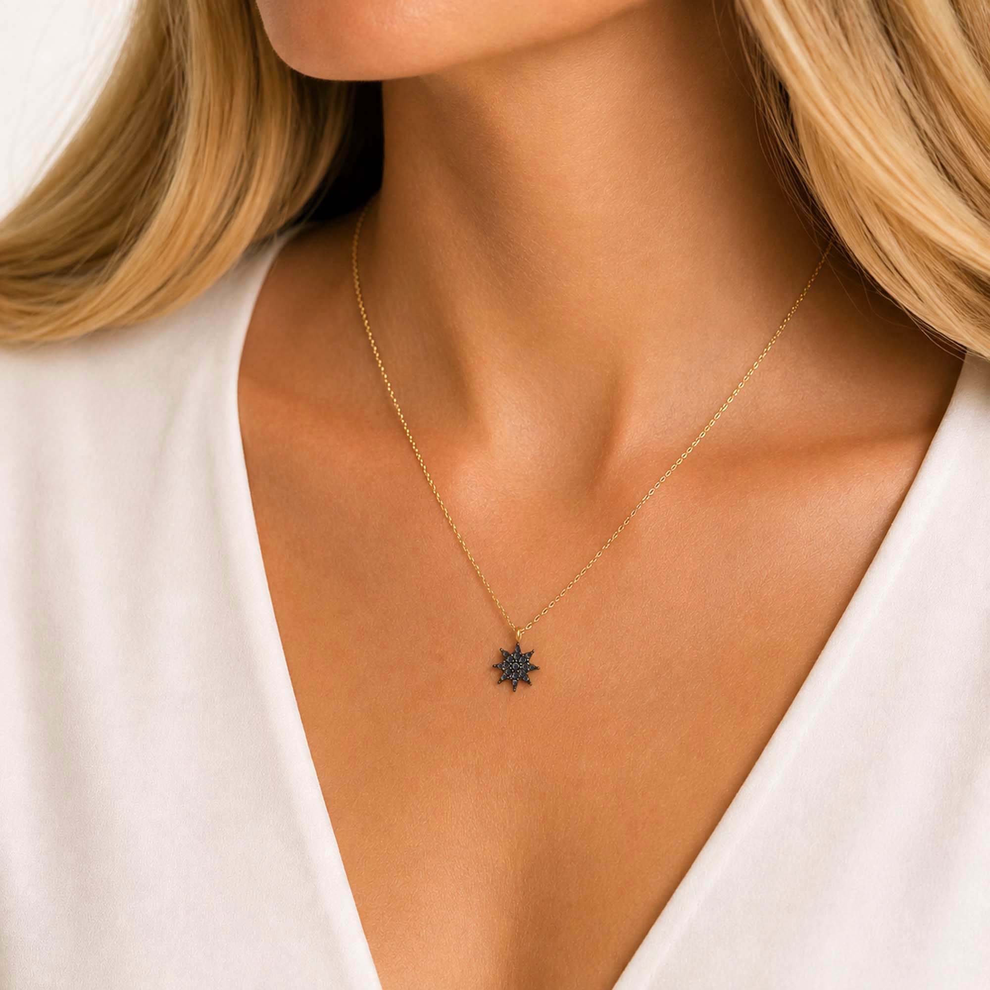 Black Diamond Starburst Necklace in 14K Gold