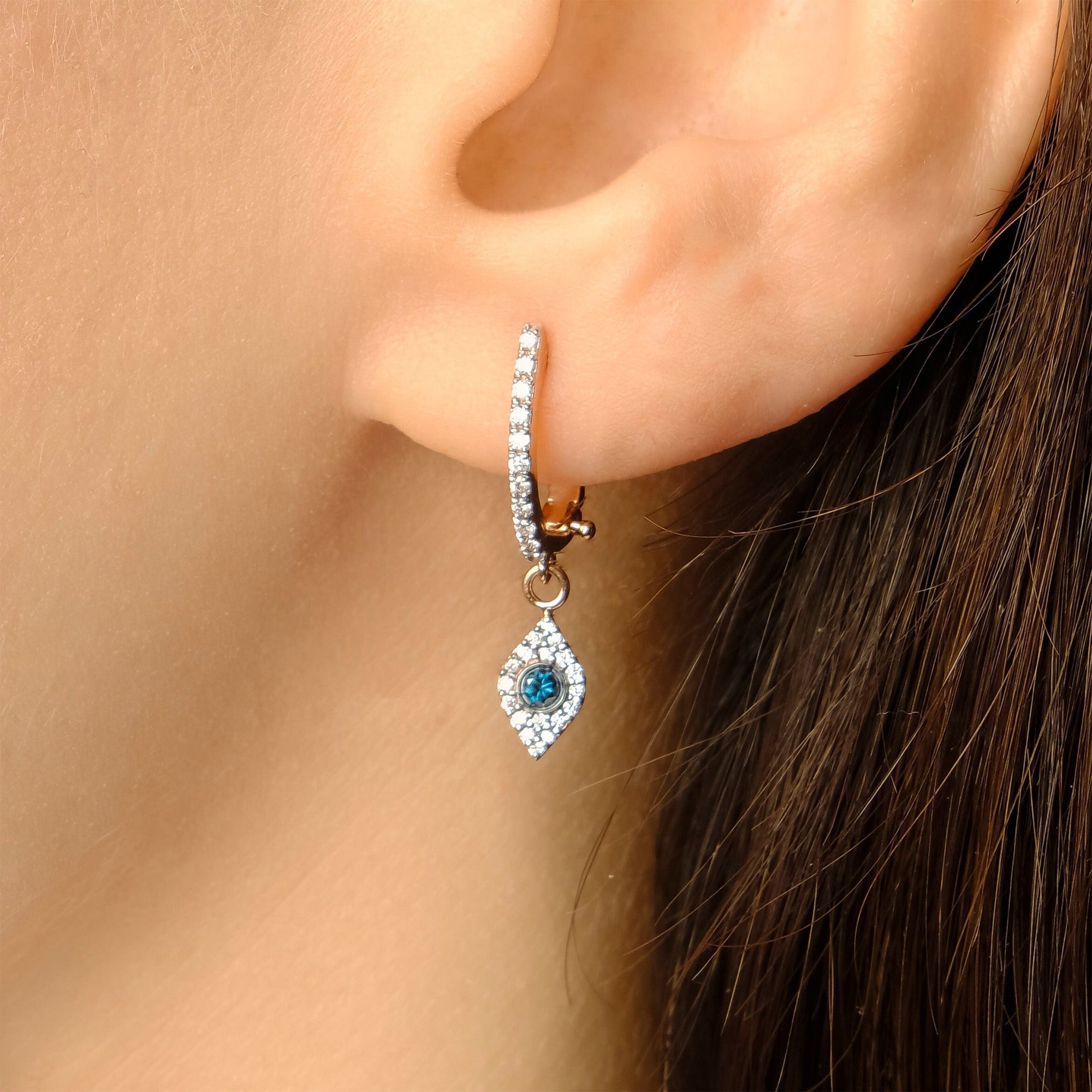 Blue and White Diamond Evil Eye Huggies in 14K Gold