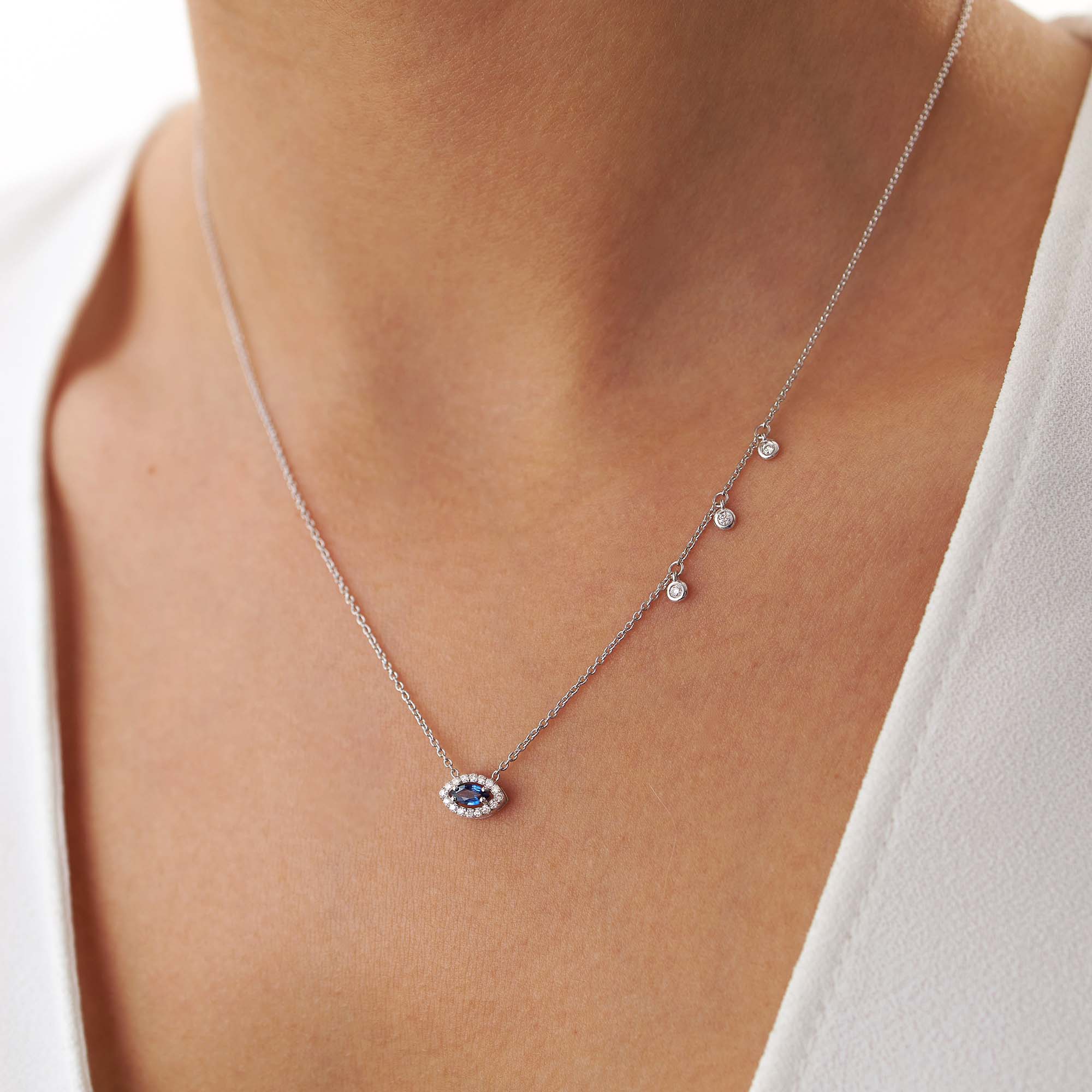Marquise Cut Blue Sapphire and Diamond Necklace in 14K Gold