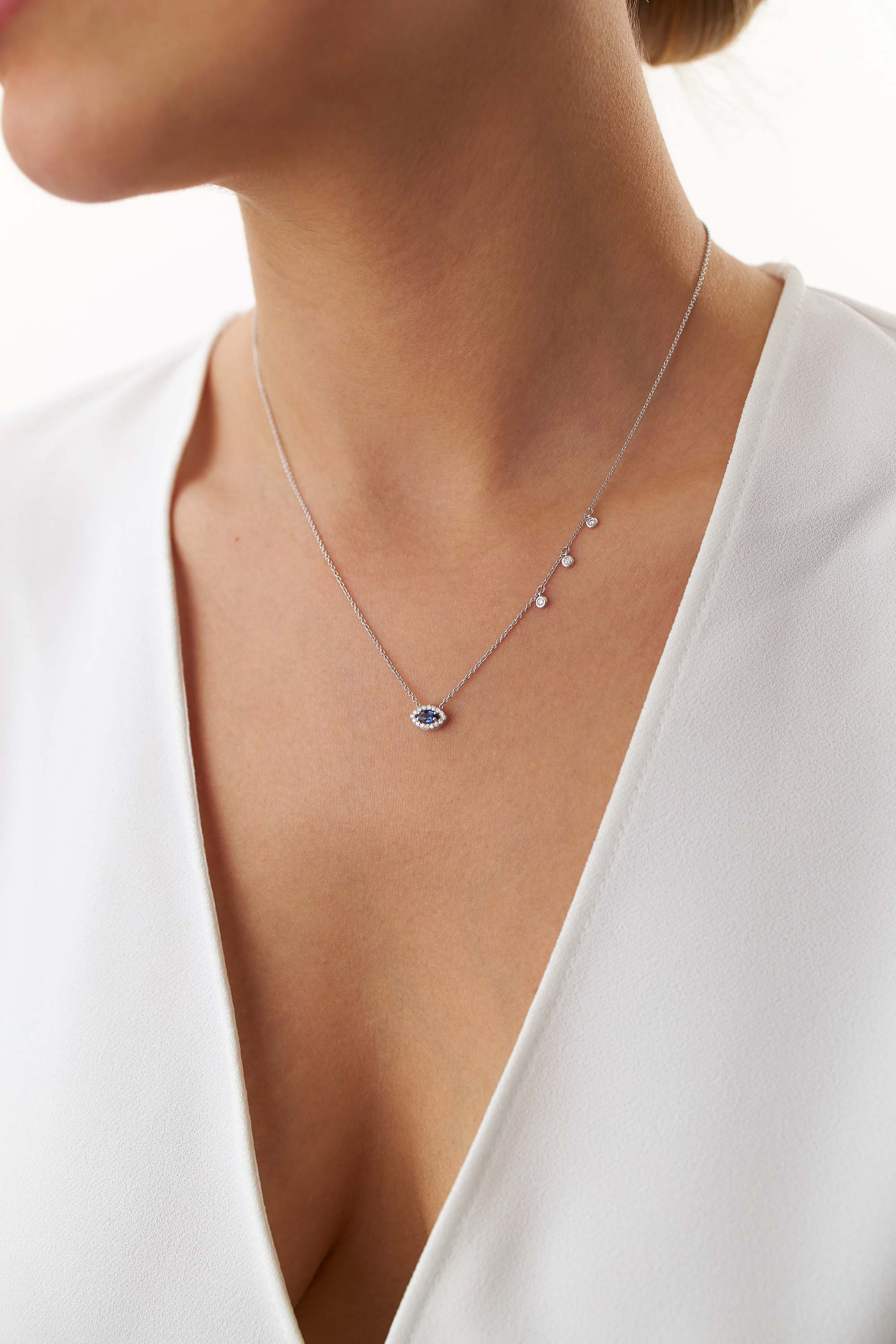 Marquise Cut Blue Sapphire and Diamond Necklace in 14K Gold