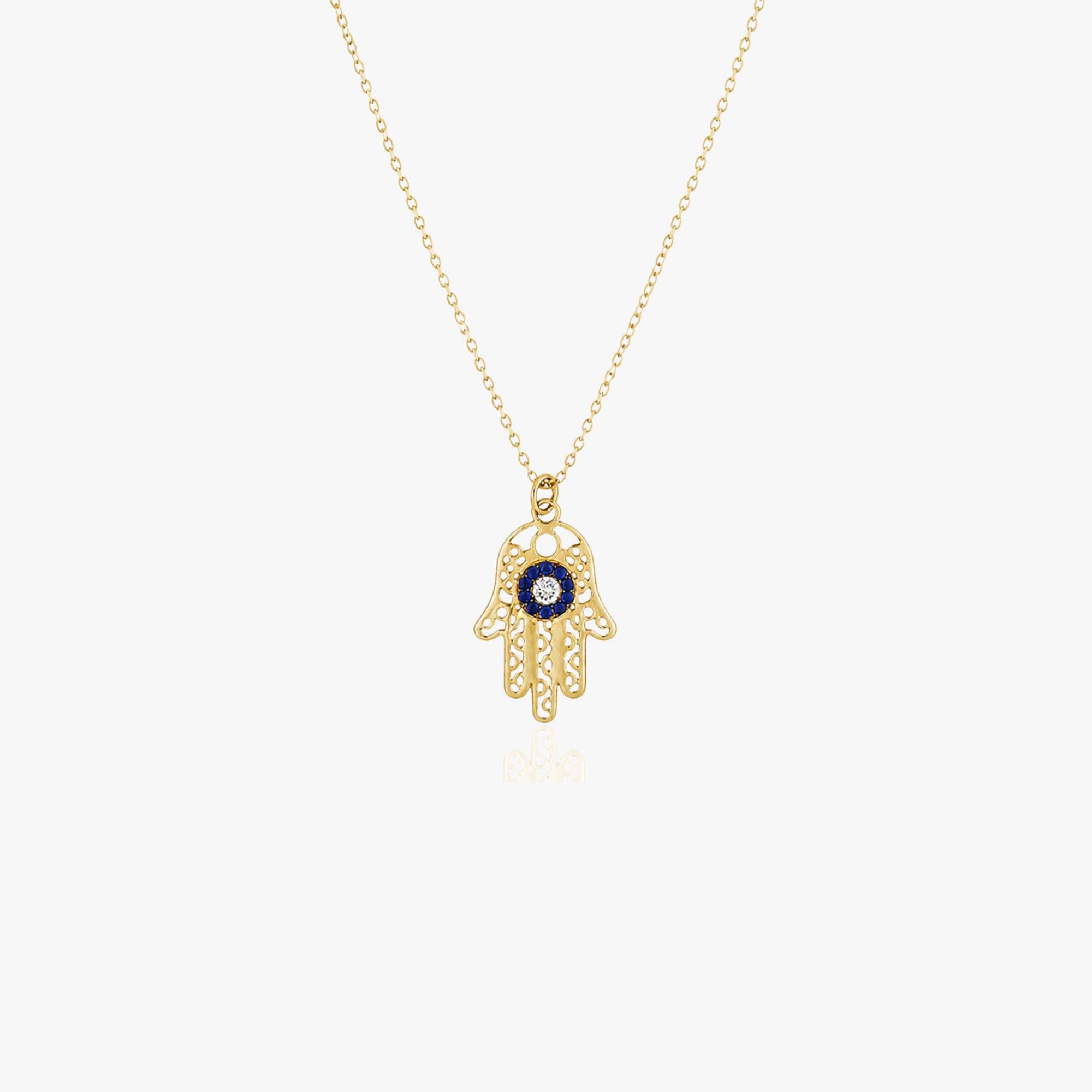 Vintage Blue Sapphire Hamsa Necklace in 14K Gold