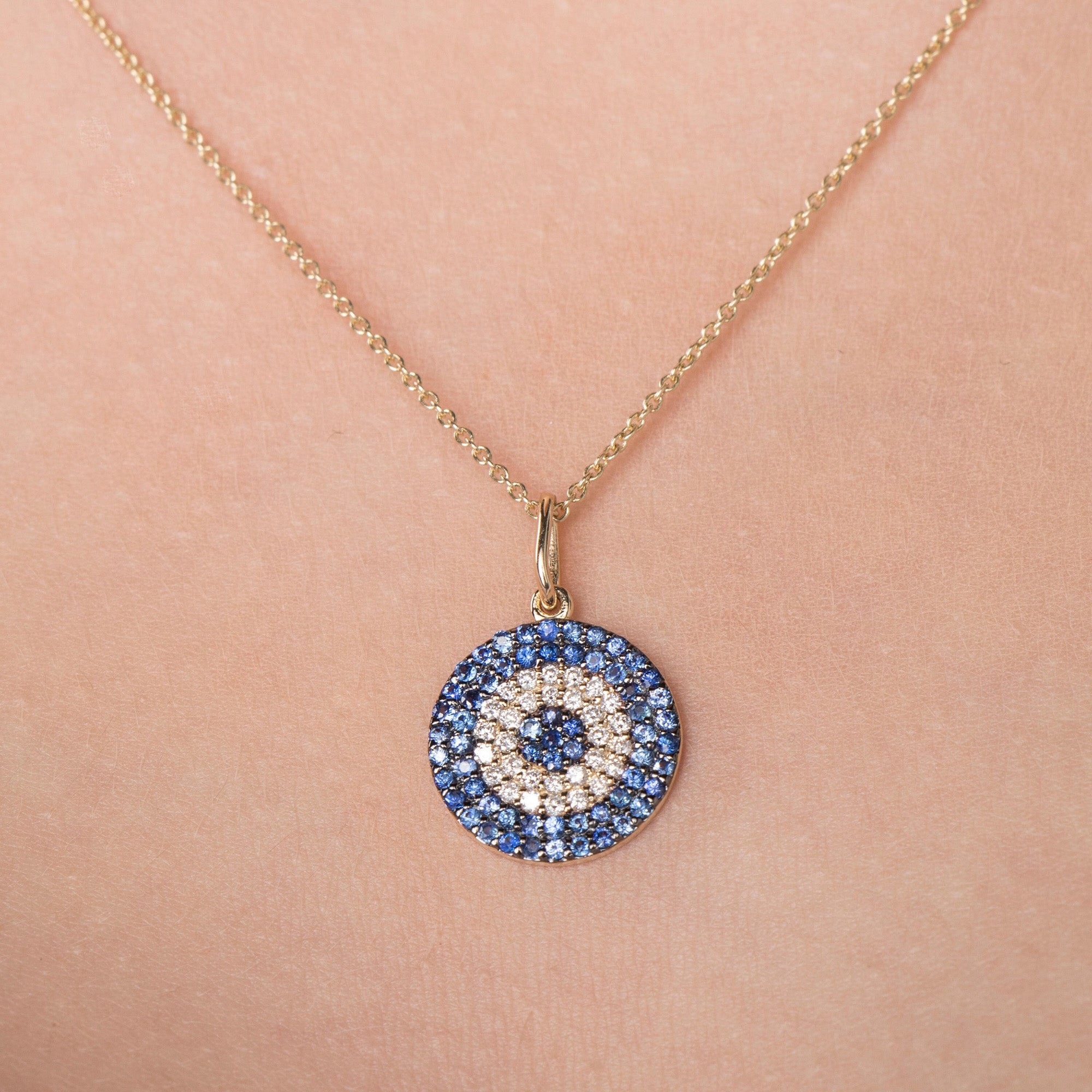Blue Sapphire and Diamond Evil Eye Necklace in 14K Gold