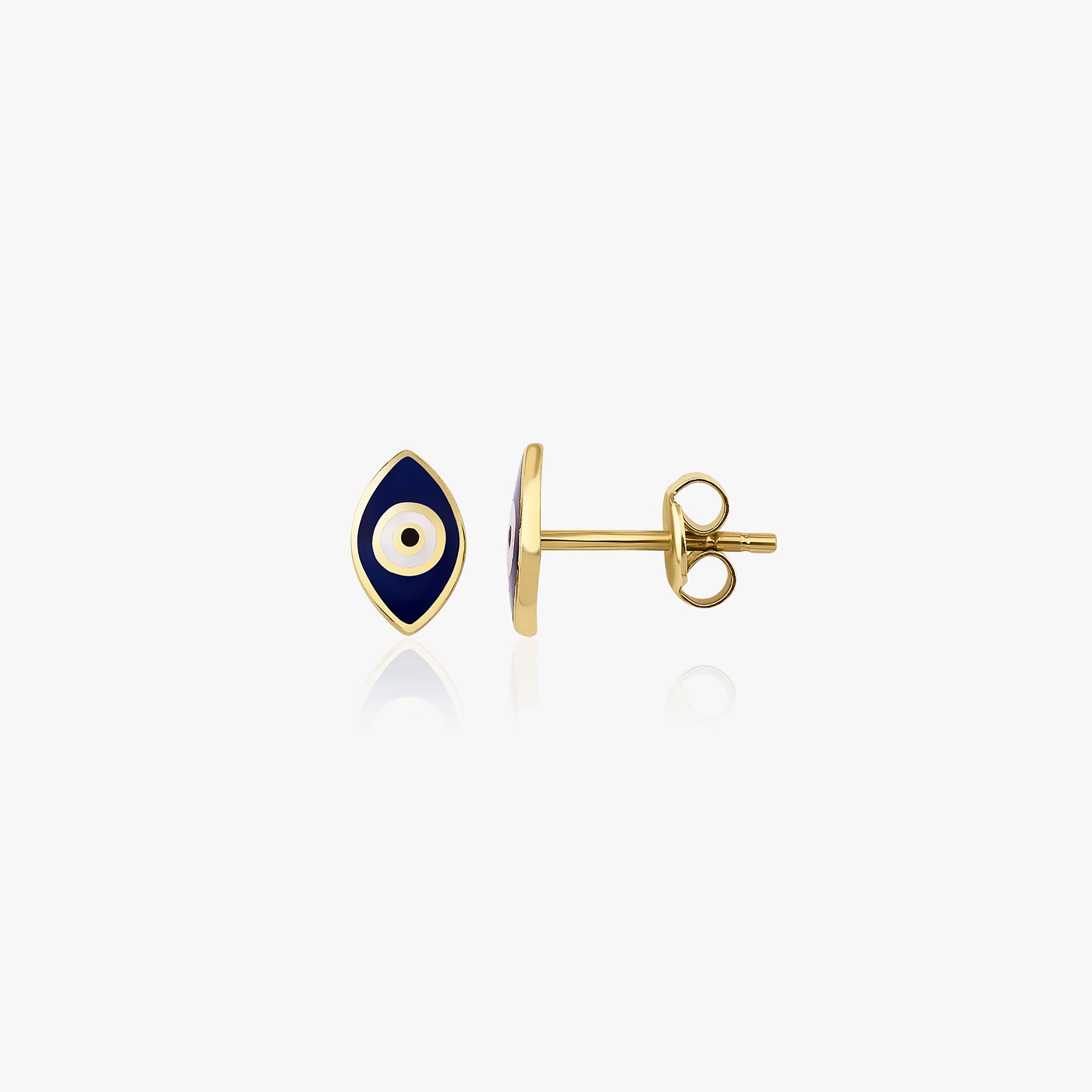 A pair of navy blue chubby evil eye studs, one shown sideways on a white backround.