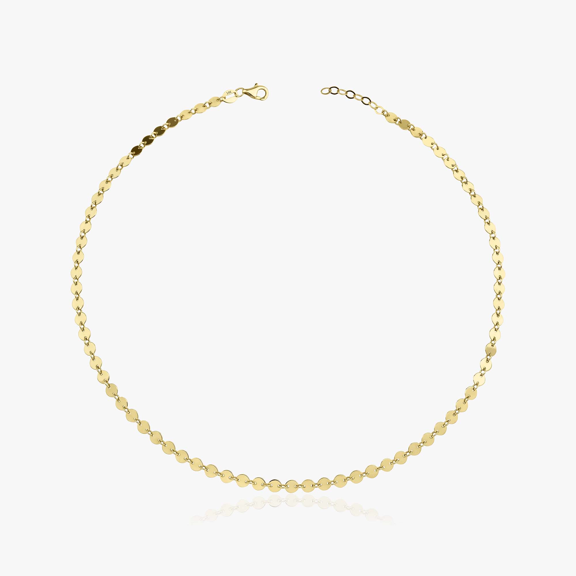 A 14k yellow gold circle chain necklace shown on a white background.