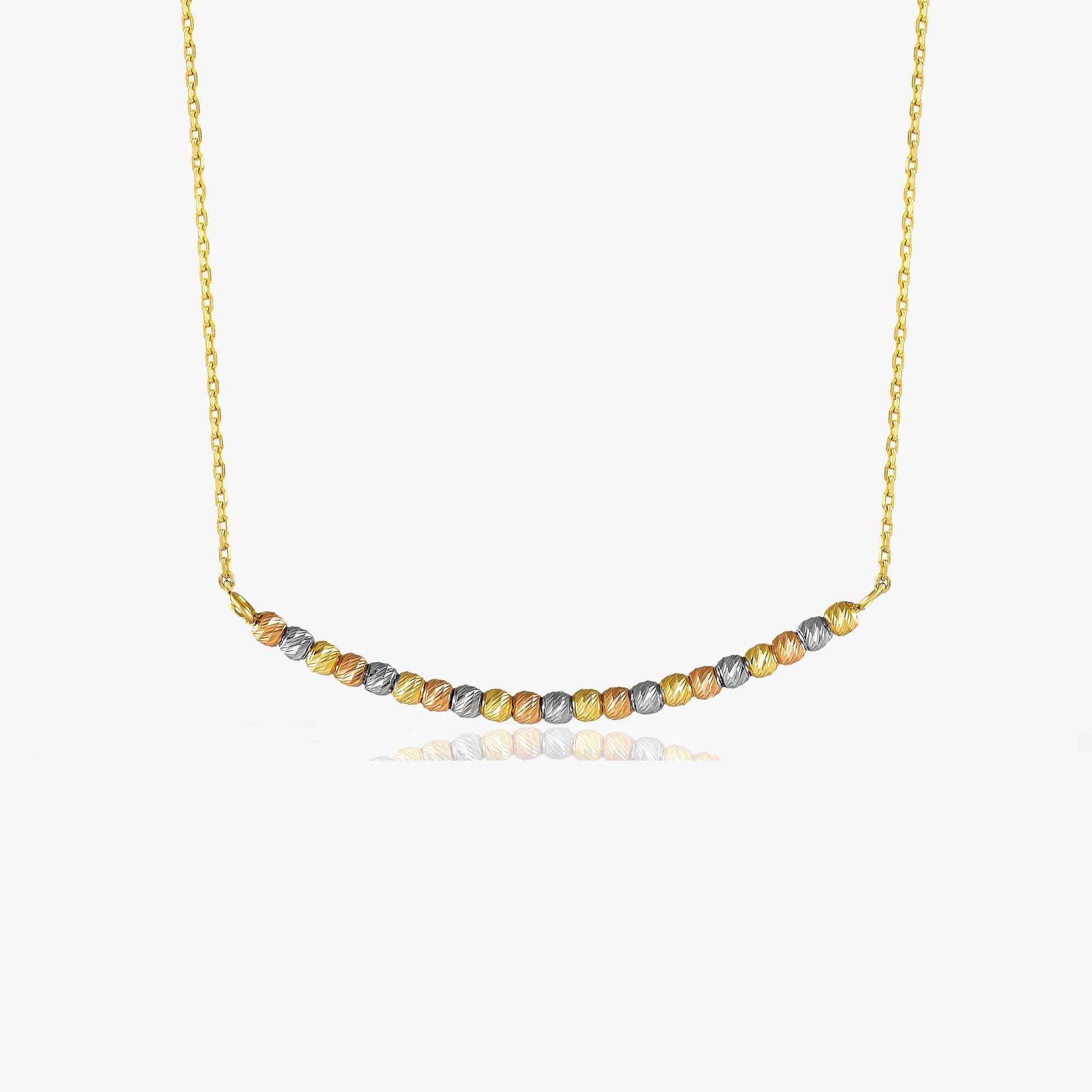 Curved Bar Necklace With Diamond Cut Beads in 14K Gold