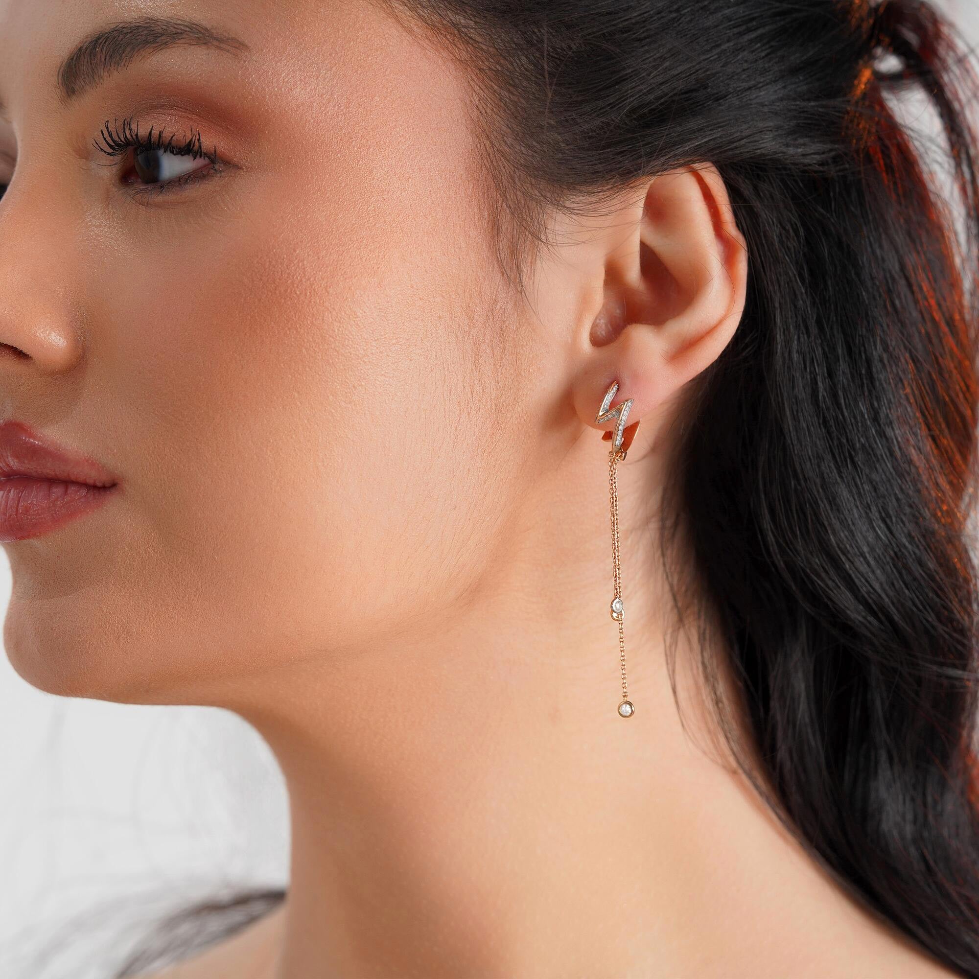 Diamond Lightning Huggie Hoops With Bezel Set Diamond Dangling Charms in 14K Gold