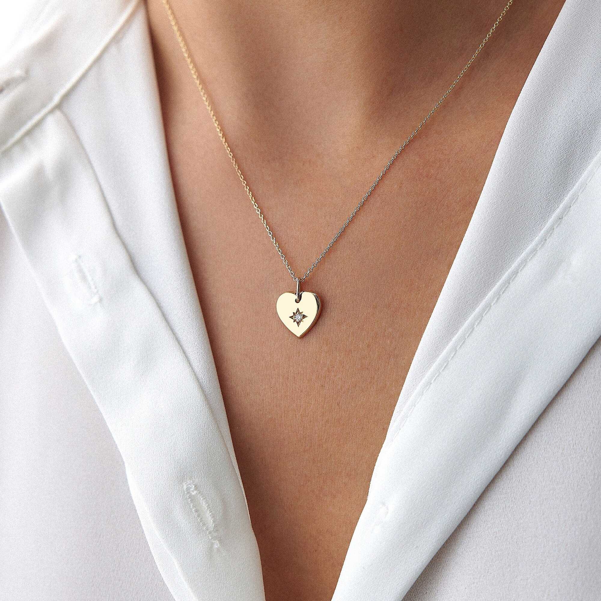 Diamond Star Inlaid Heart Necklace in 14K Gold