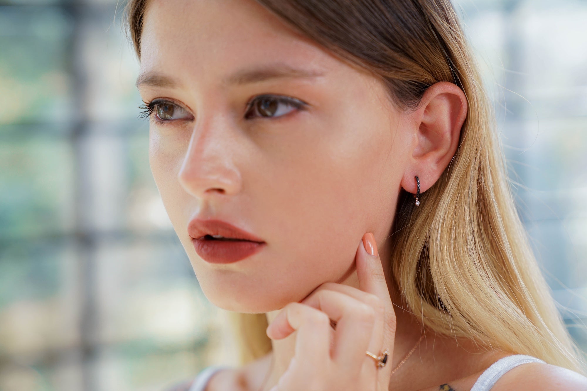 Minimal Black and White Diamond Hoop Earrings in 14K Gold