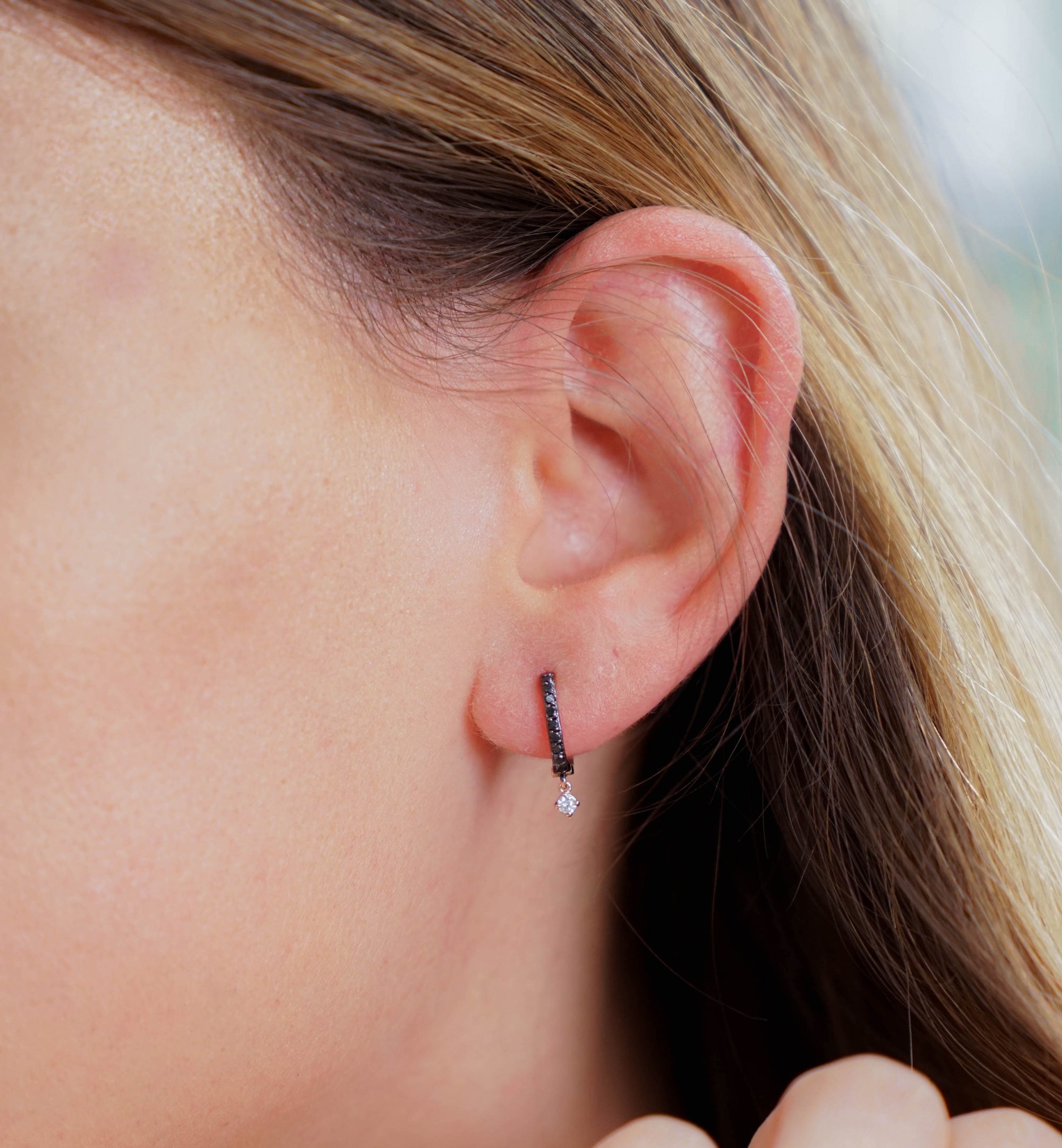 Minimal Black and White Diamond Hoop Earrings in 14K Gold