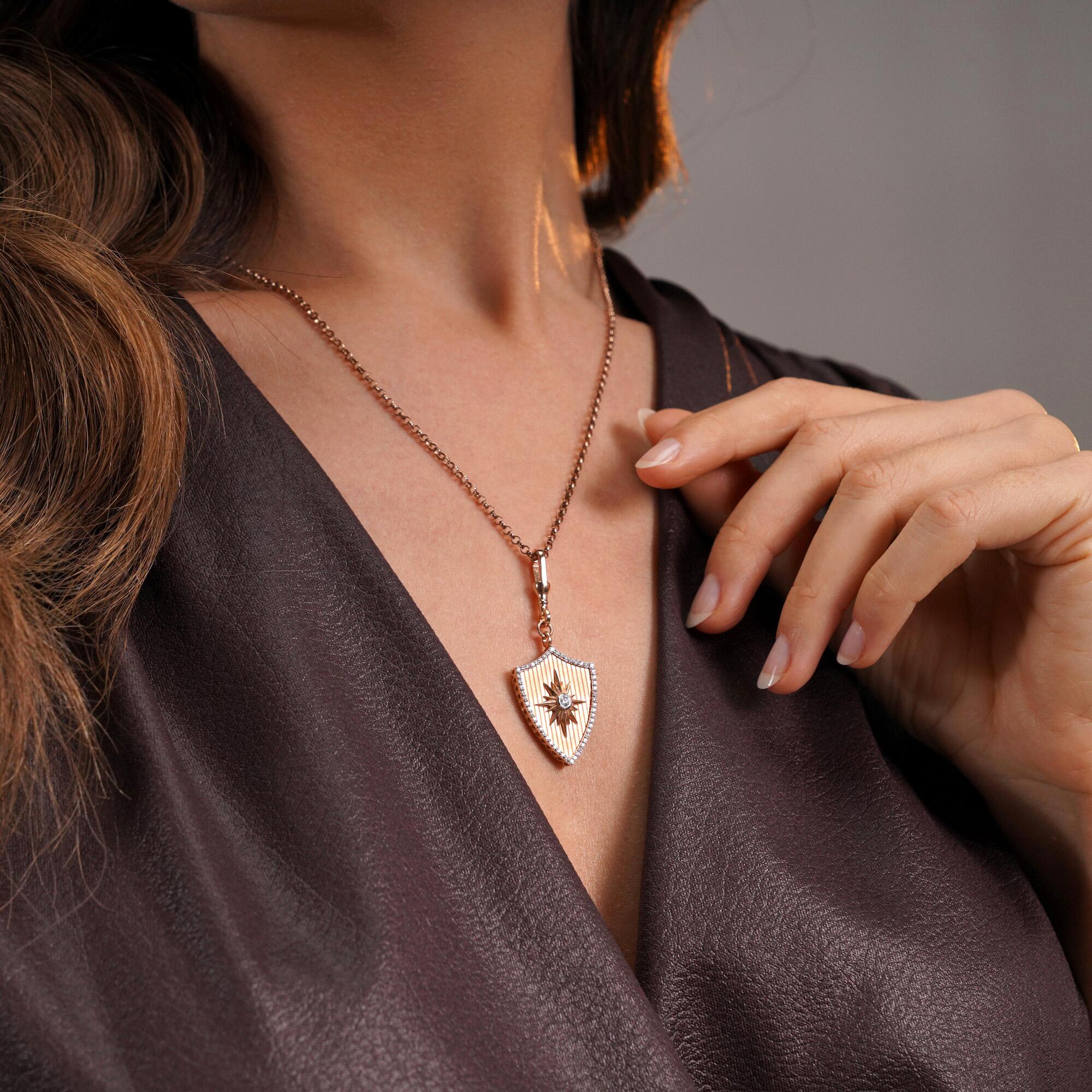 Diamond Shield Medallion Available in 14K and 18K Gold