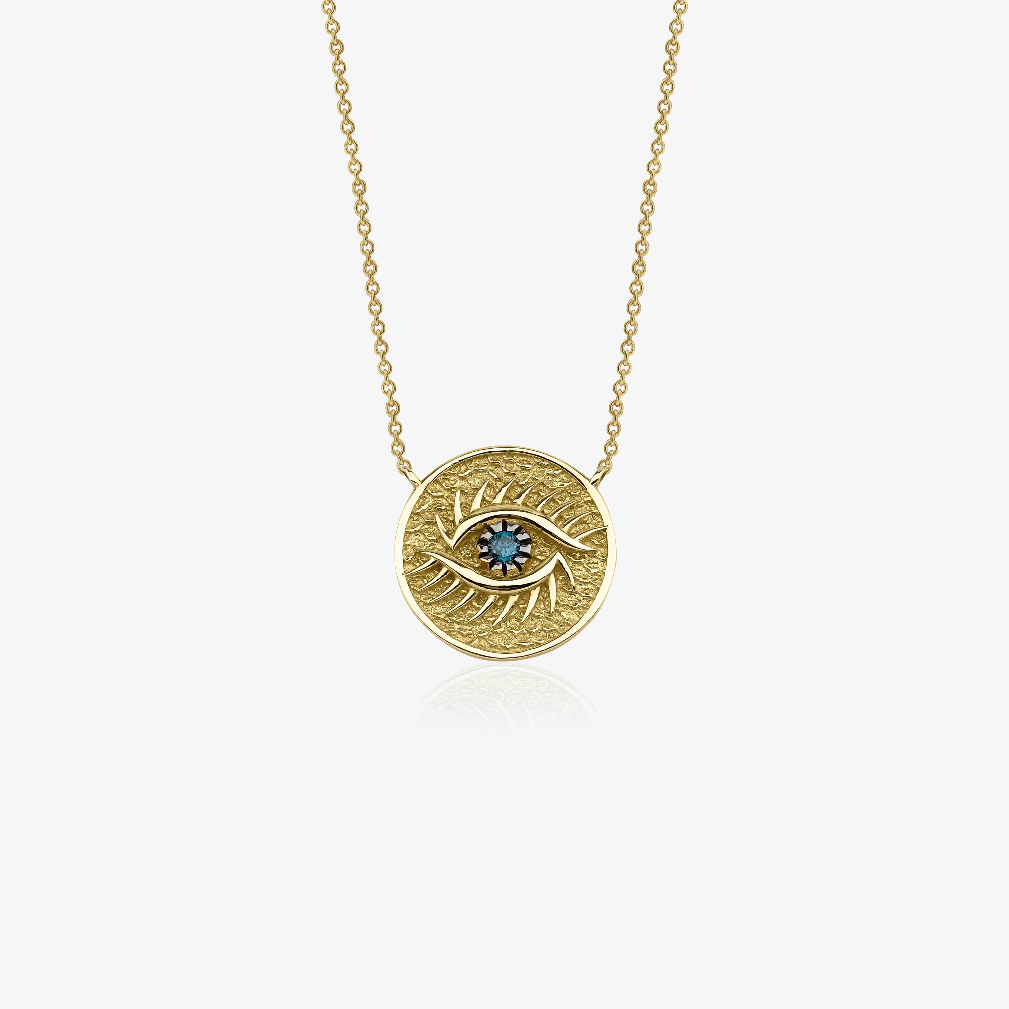 Vintage Blue Diamond Eye Medallion Necklace Available in 14K and 18K Gold