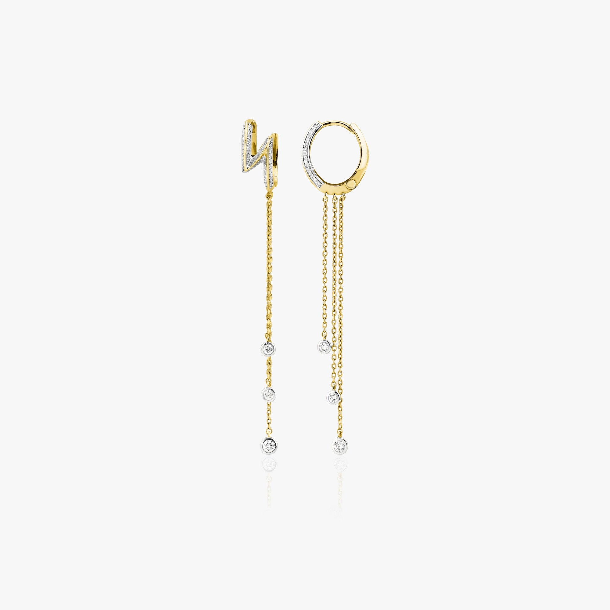 Diamond Lightning Huggie Hoops With Bezel Set Diamond Dangling Charms in 14K Gold