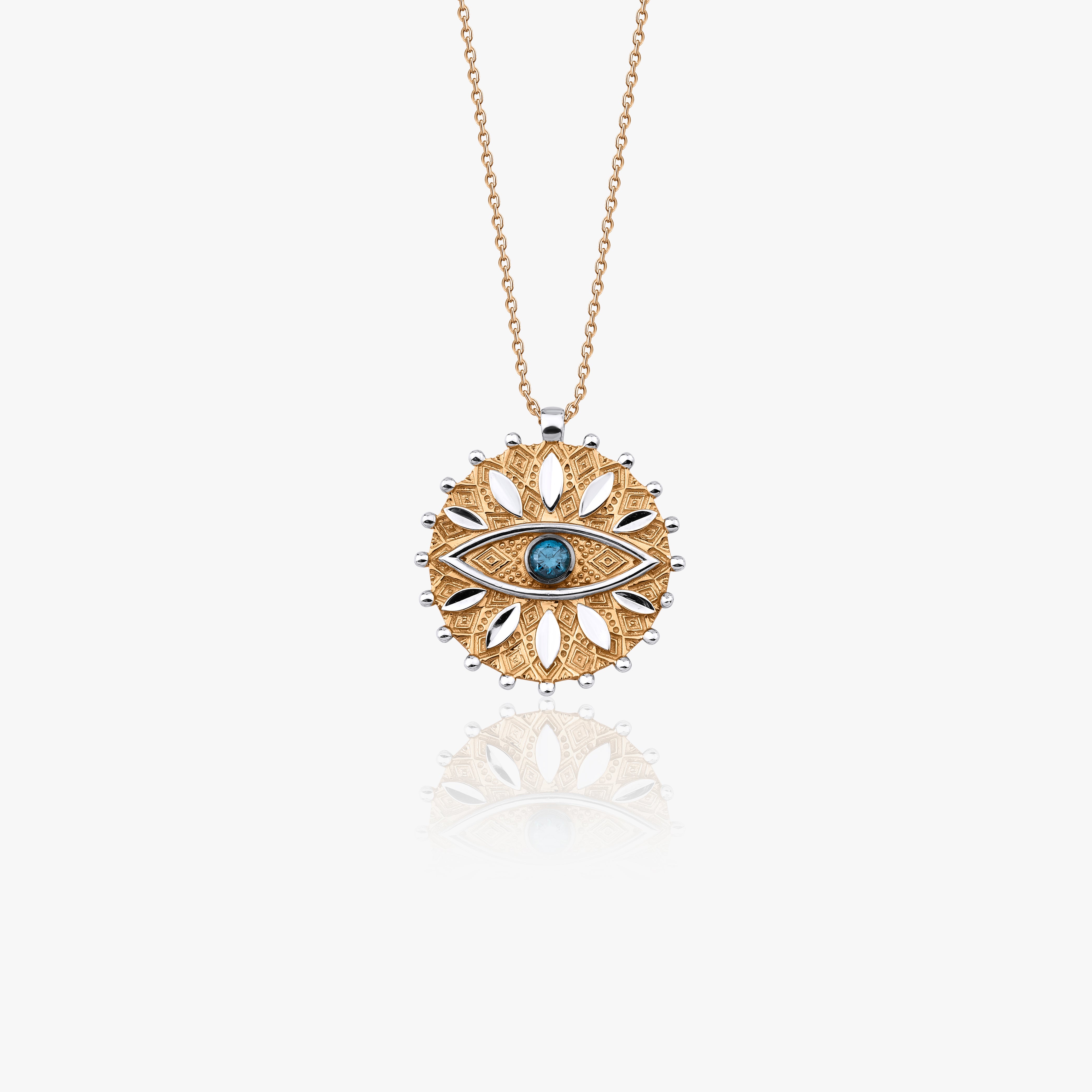 Blue Diamond Eye Medallion Necklace in 14K Gold