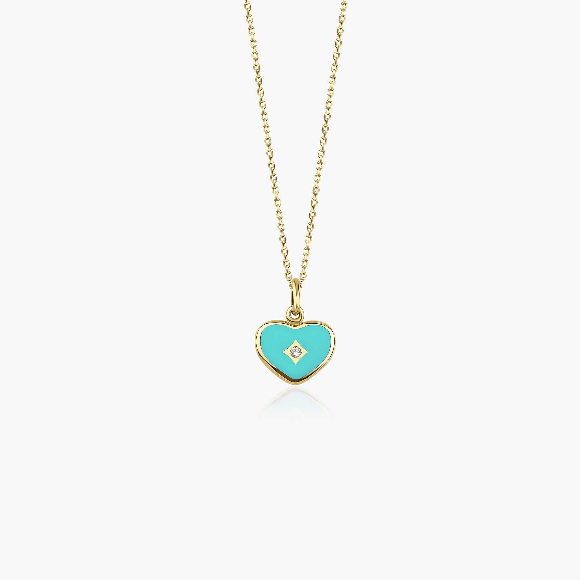 Mini Diamond Turquoise Heart Necklace in 14K Gold
