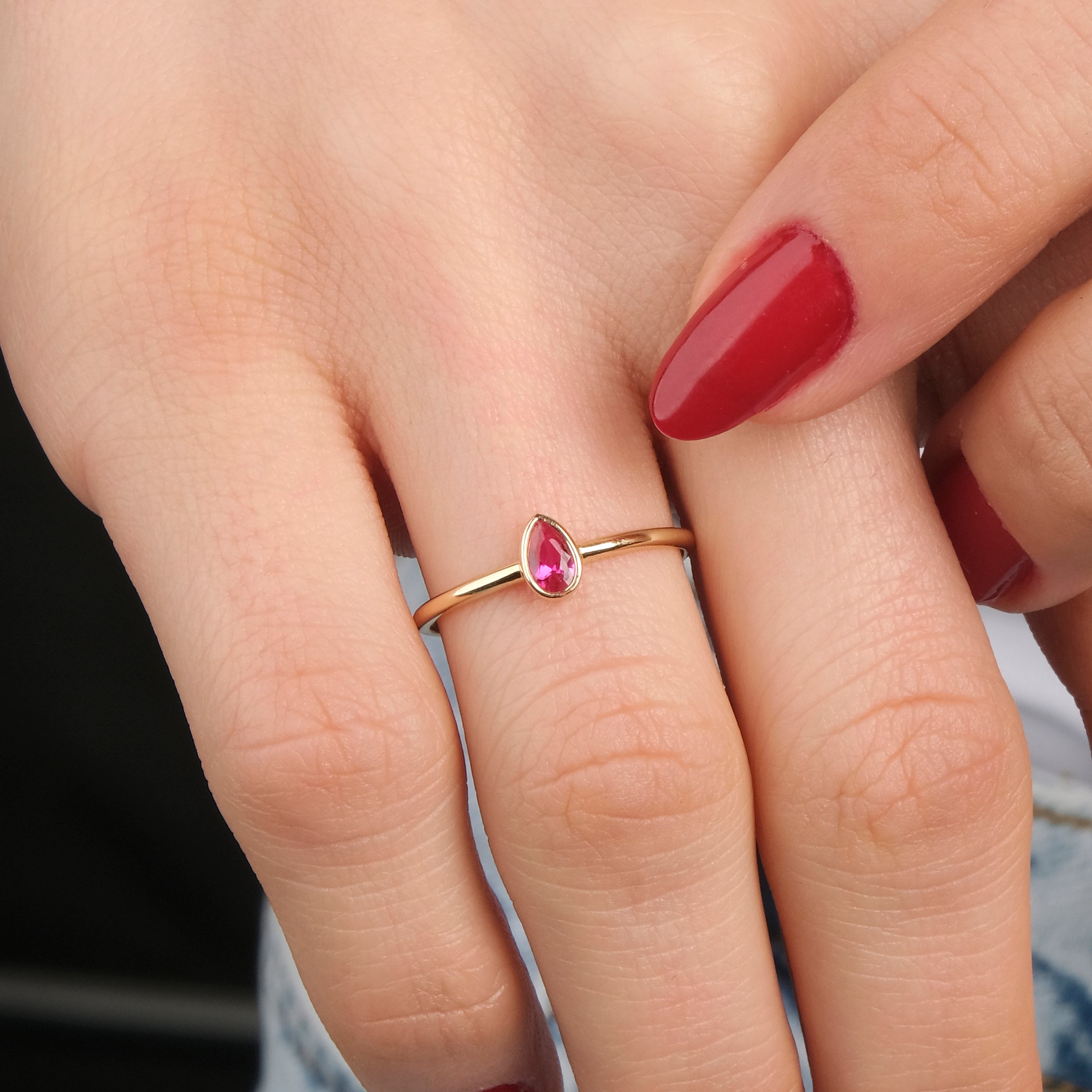 Thin Drop Cut Gemstone Ring in 14K Gold