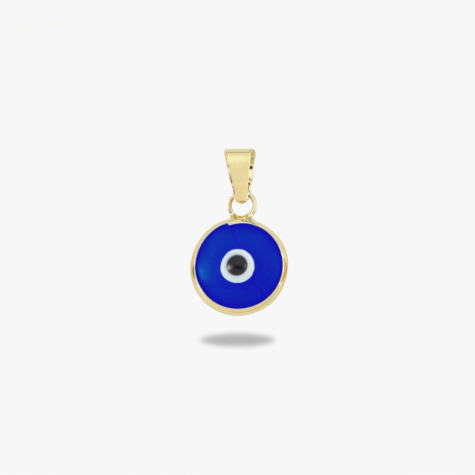 A 14k yellow gold navy blue evil eye pendant shown on a white background