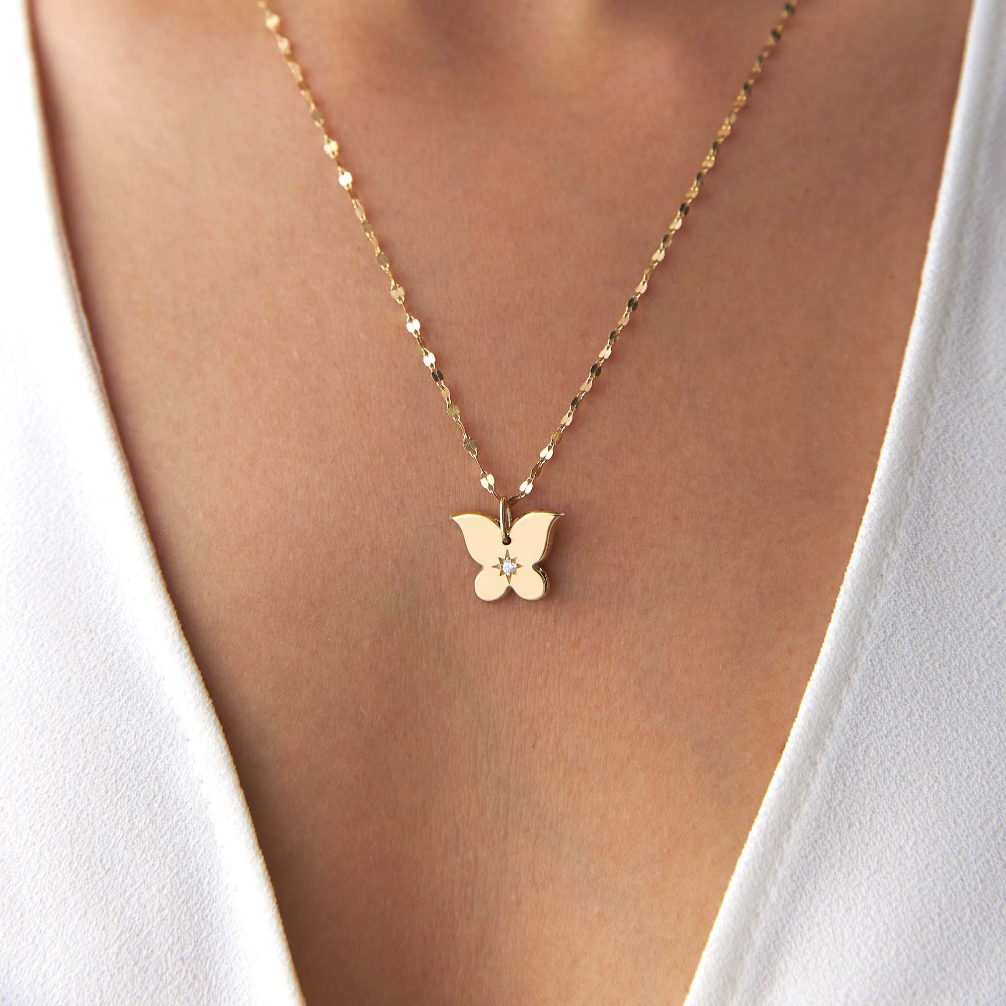 Diamond Star Inlaid Butterfly Pendant in 14K Gold