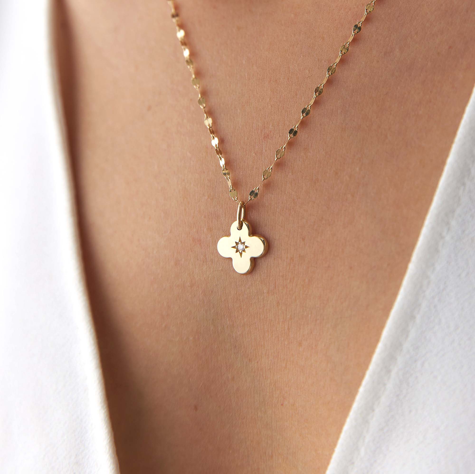 Mini Diamond Clover Necklace With Glitter Chain in 14K Gold