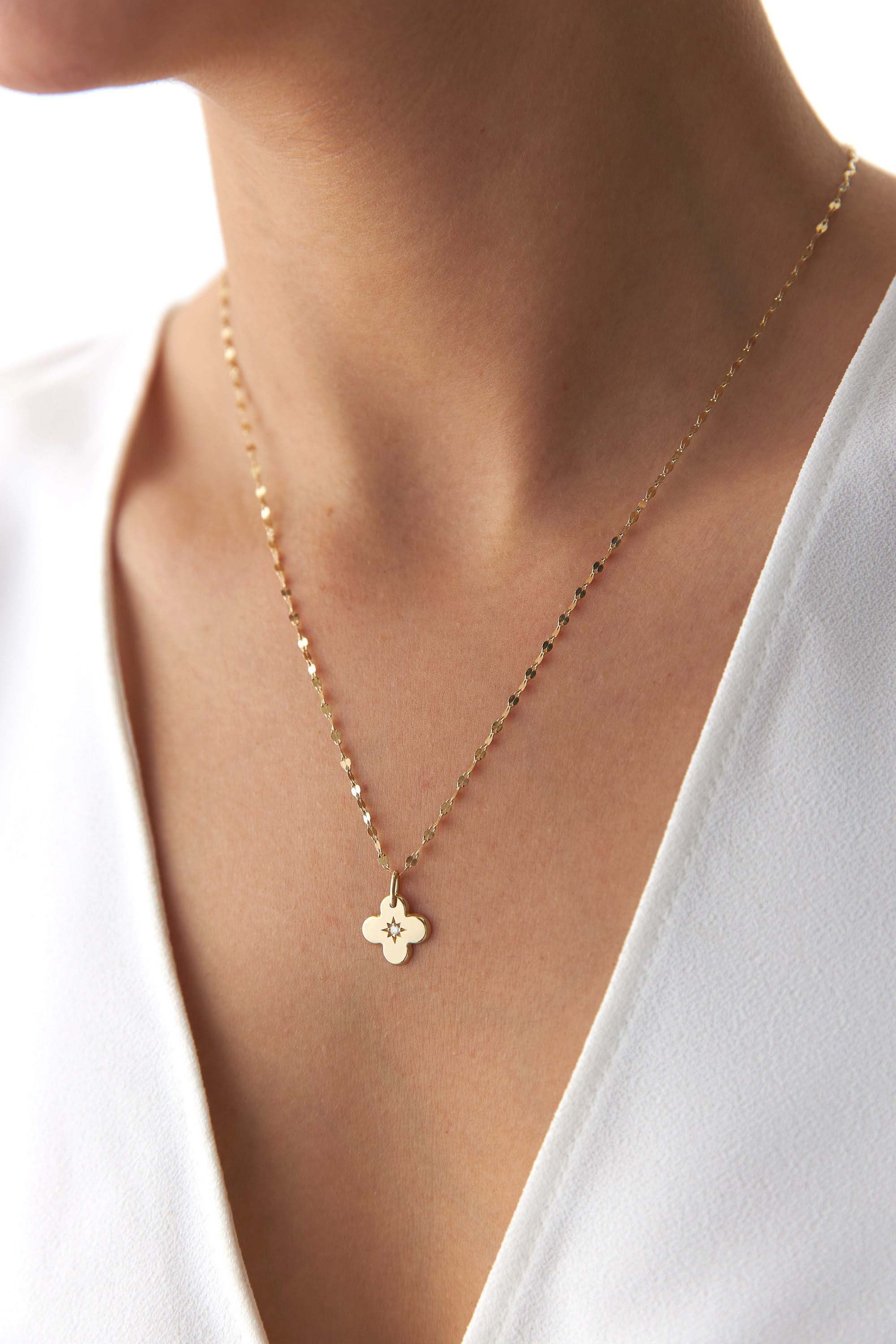 Mini Diamond Clover Necklace With Glitter Chain in 14K Gold