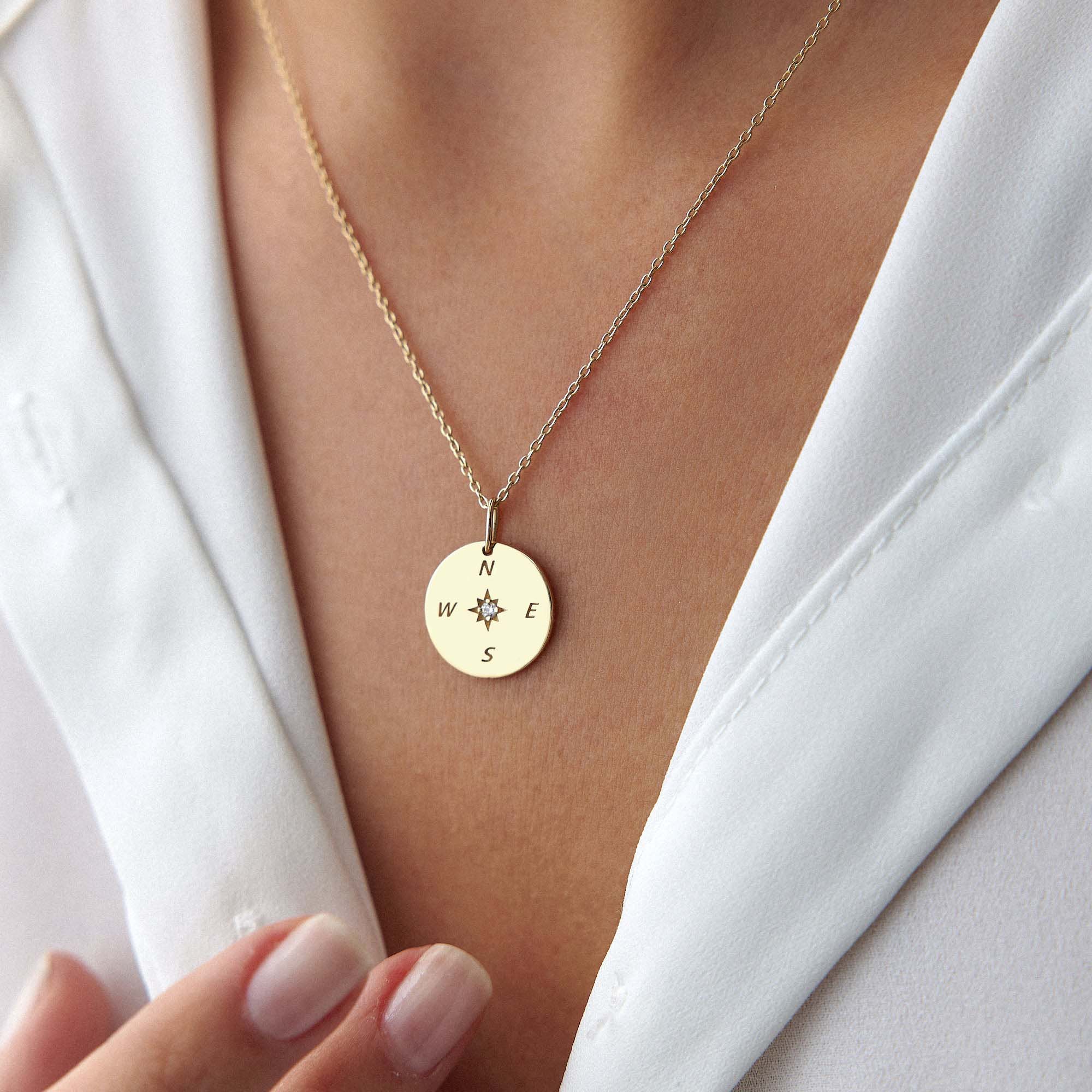 Diamond Compass Necklace in 14K Gold