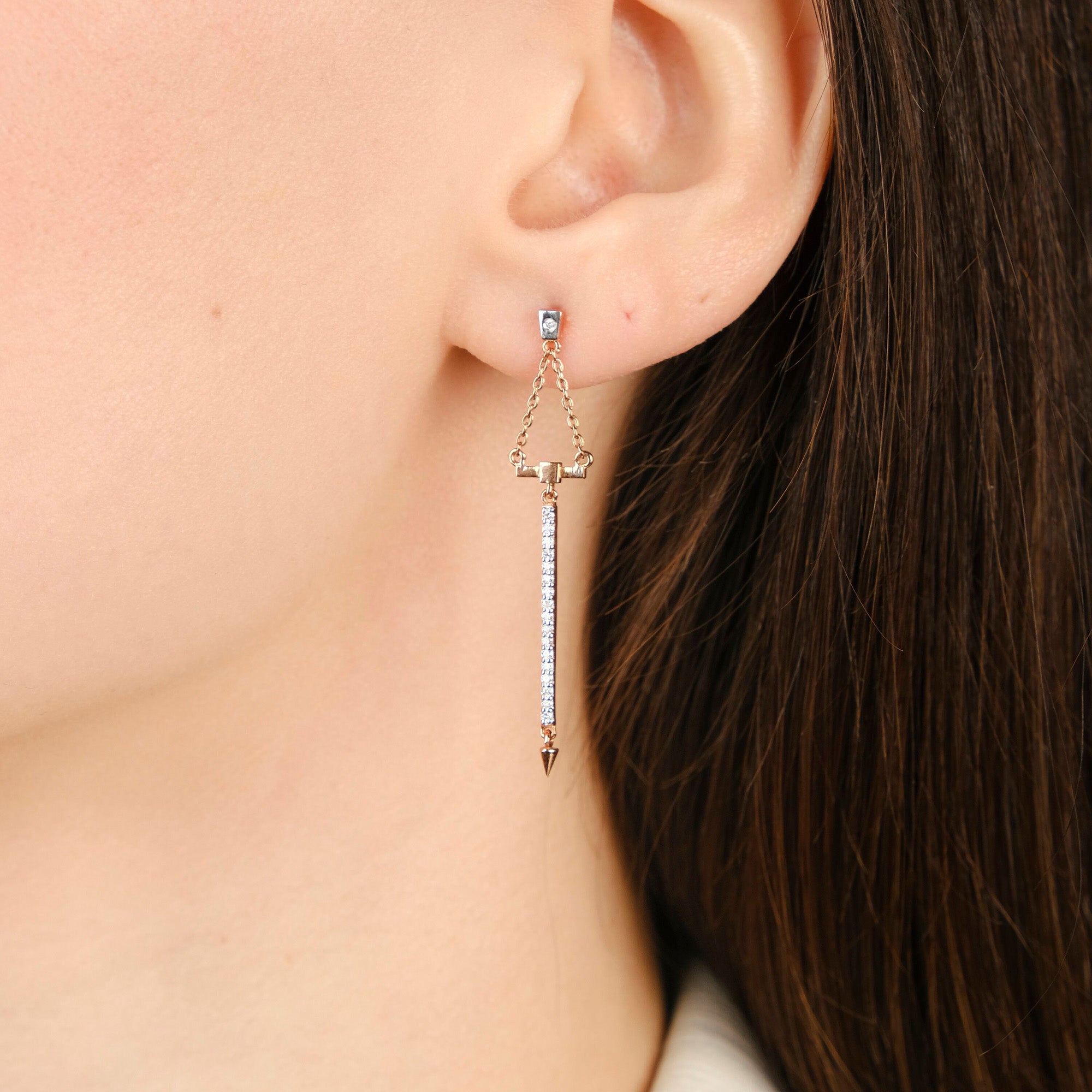 Single Diamond Dangle Bar Stud in 14K Gold