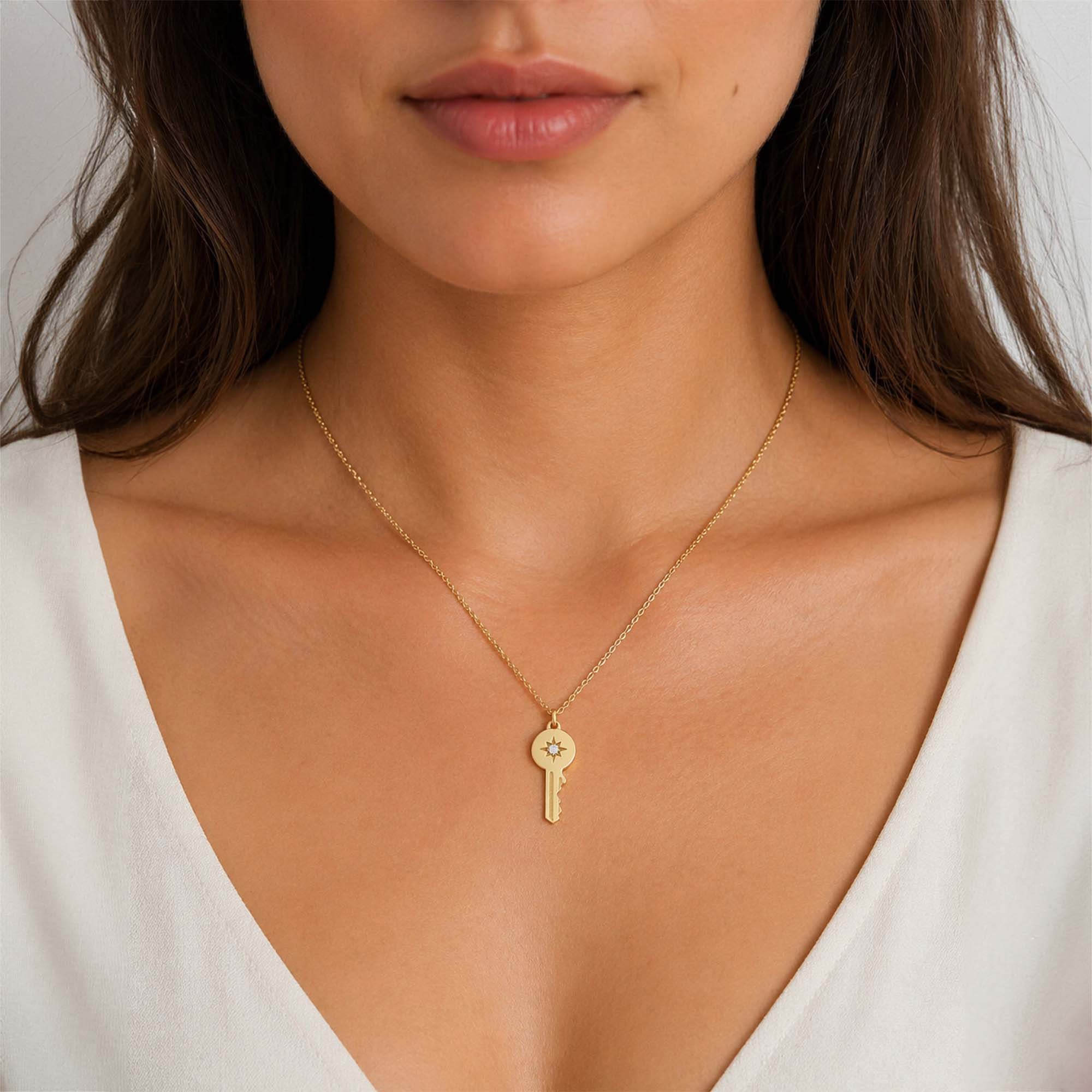 Diamond Star Inlaid Key Necklace in 14K Gold