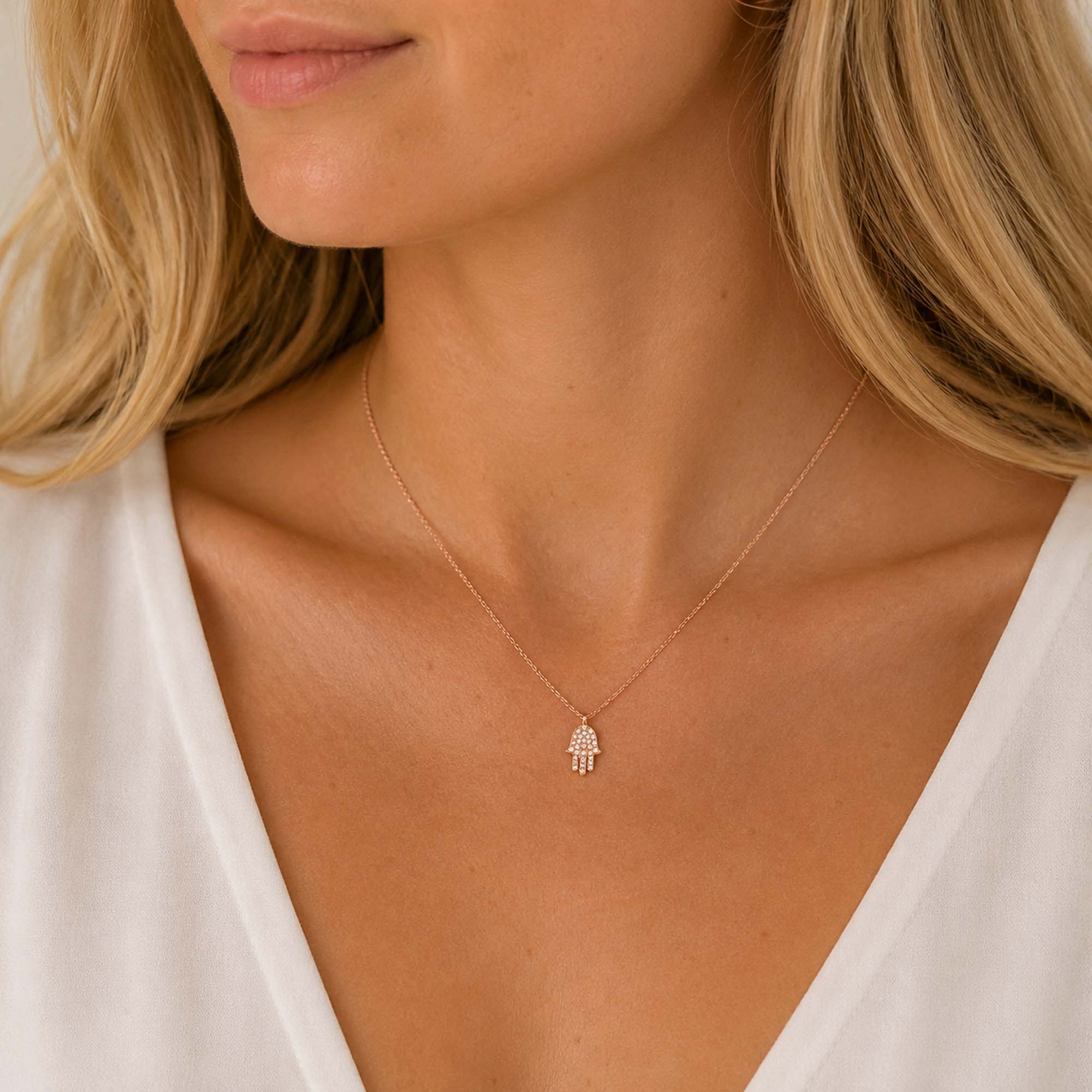 Tiny Pave Diamond Hamsa Necklace in 14K Gold