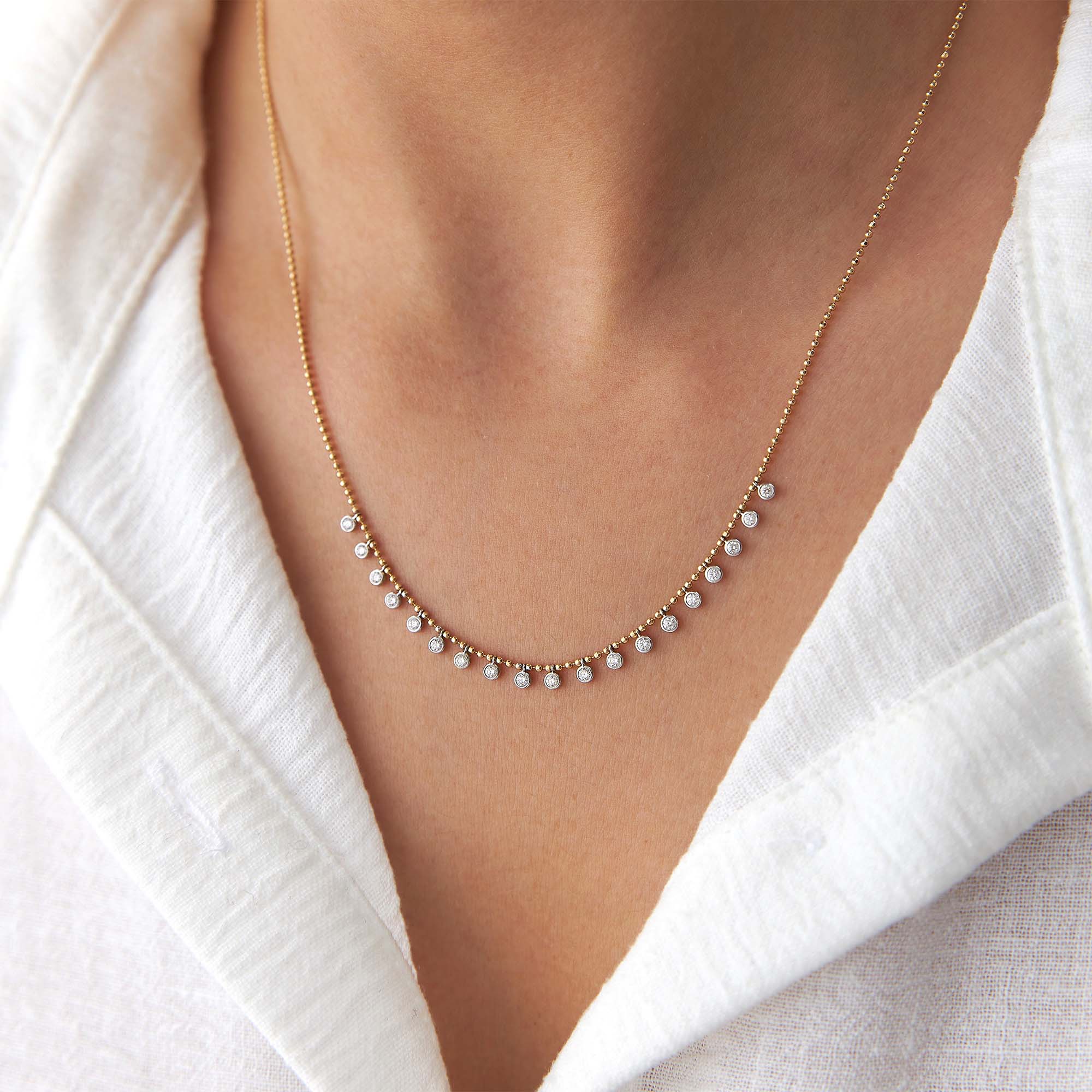 Minimal Diamond Station Necklace With Ball Chain in 14K Gold