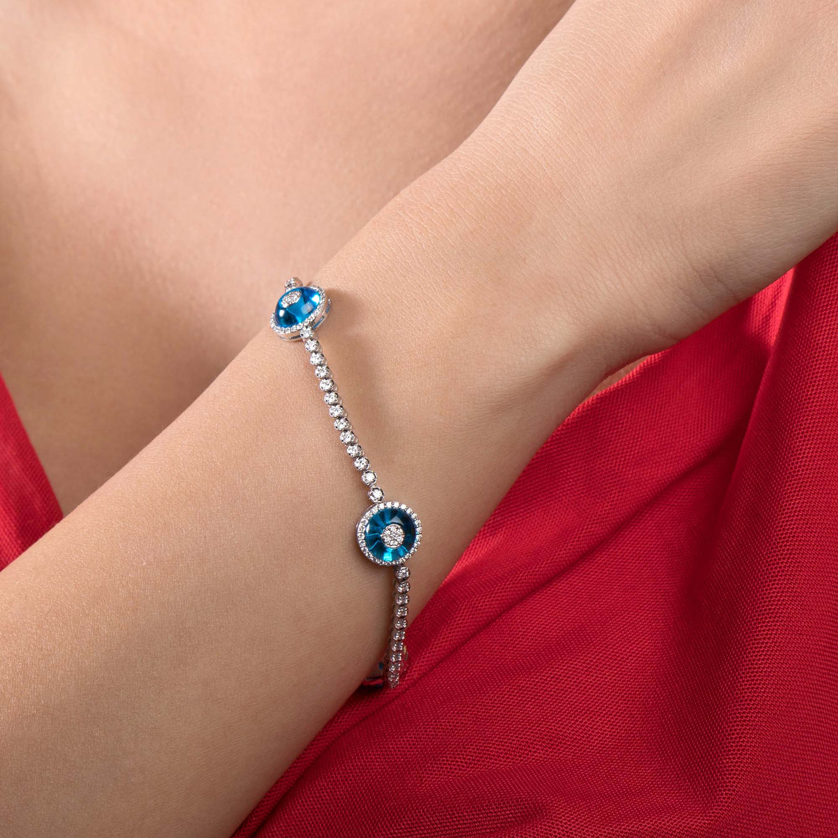 Diamond Three Evil Eye Tennis Bracelet in 14K Gold
