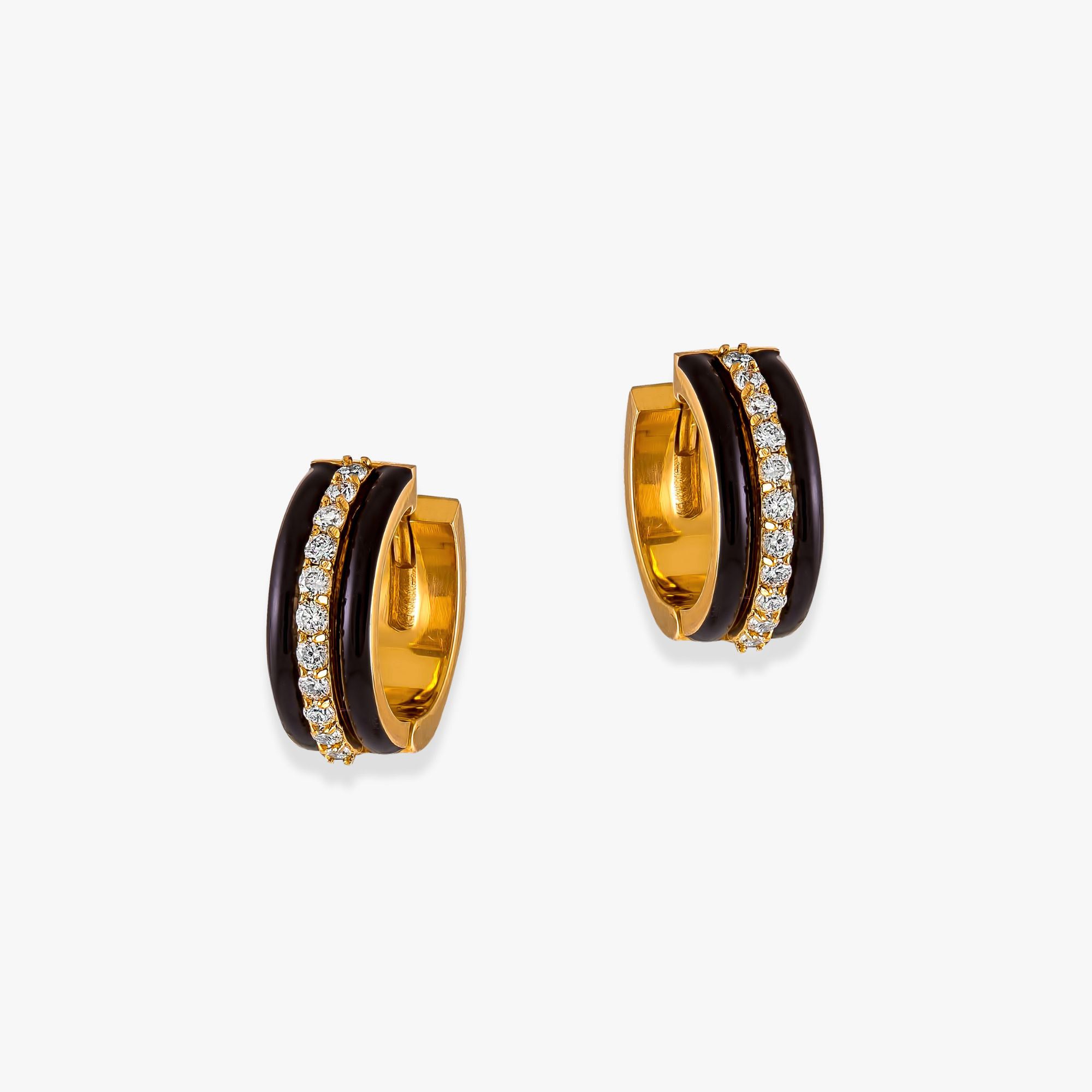 Diamond Black Enamel Hoops in 14K Gold / Chocolate Cake