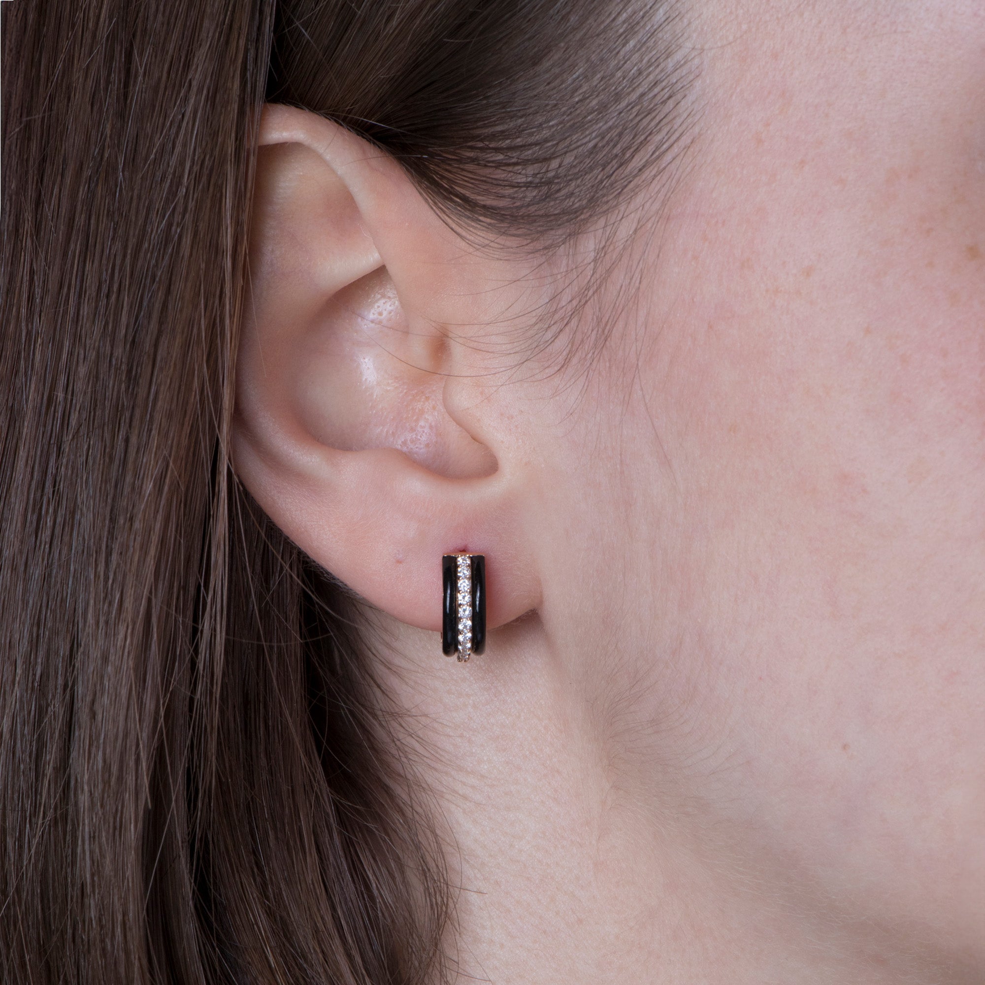 Diamond Black Enamel Hoops in 14K Gold / Chocolate Cake