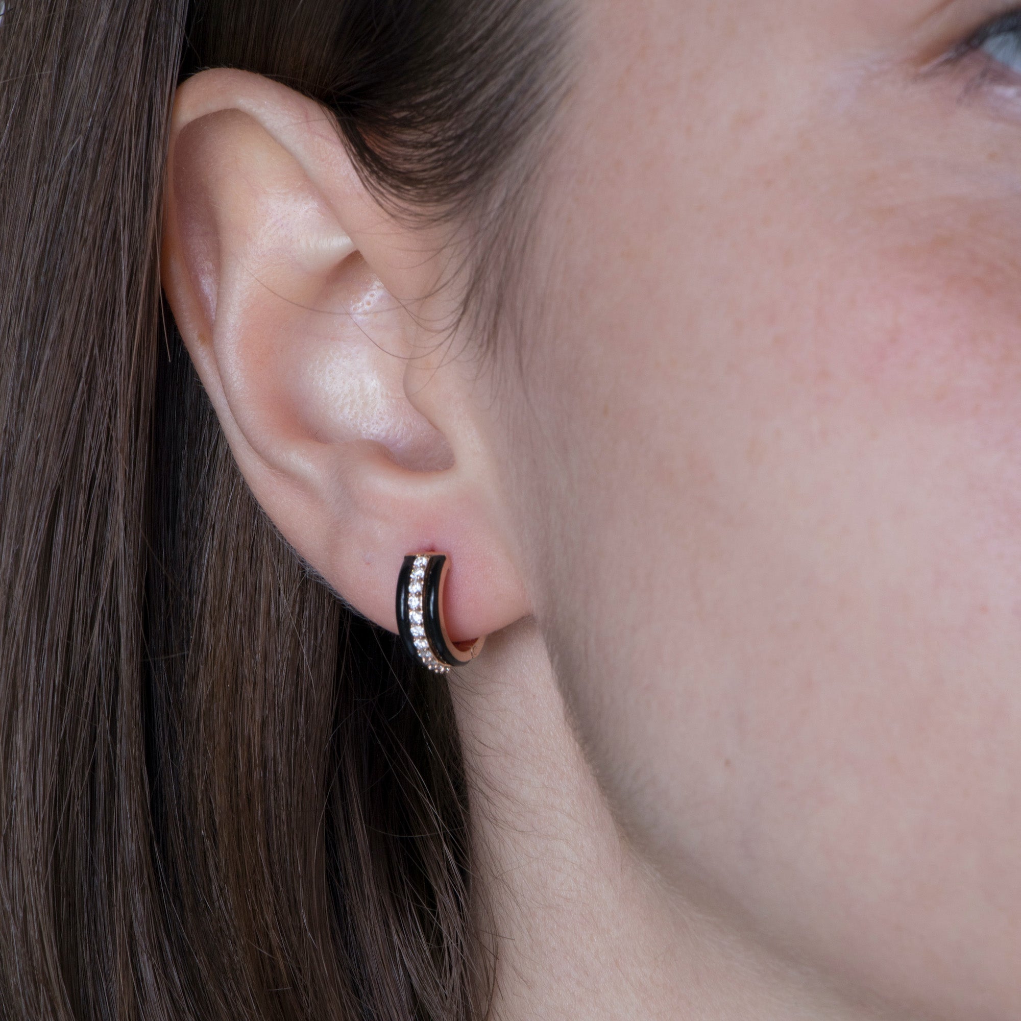 Diamond Black Enamel Hoops in 14K Gold / Chocolate Cake
