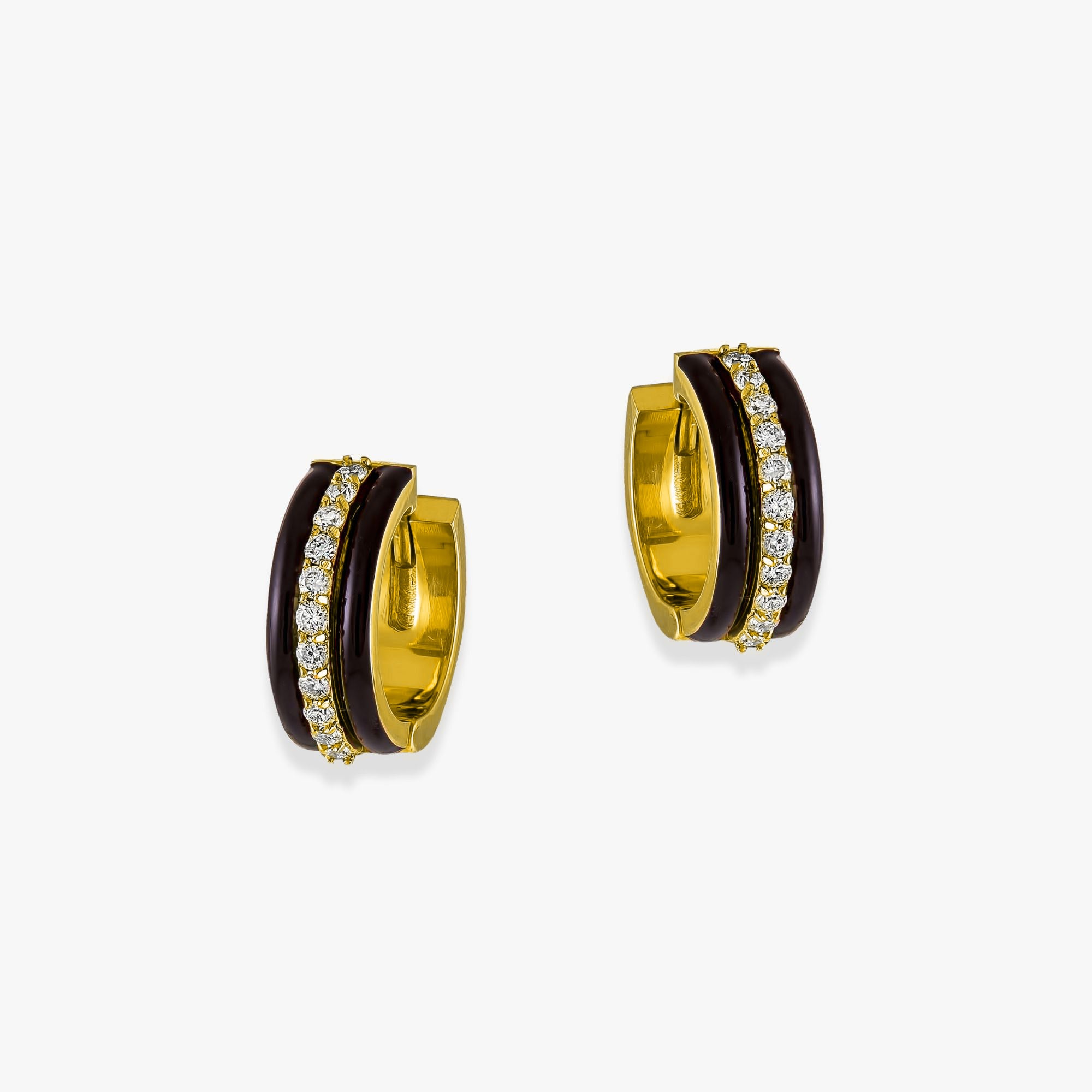 Diamond Black Enamel Hoops in 14K Gold / Chocolate Cake