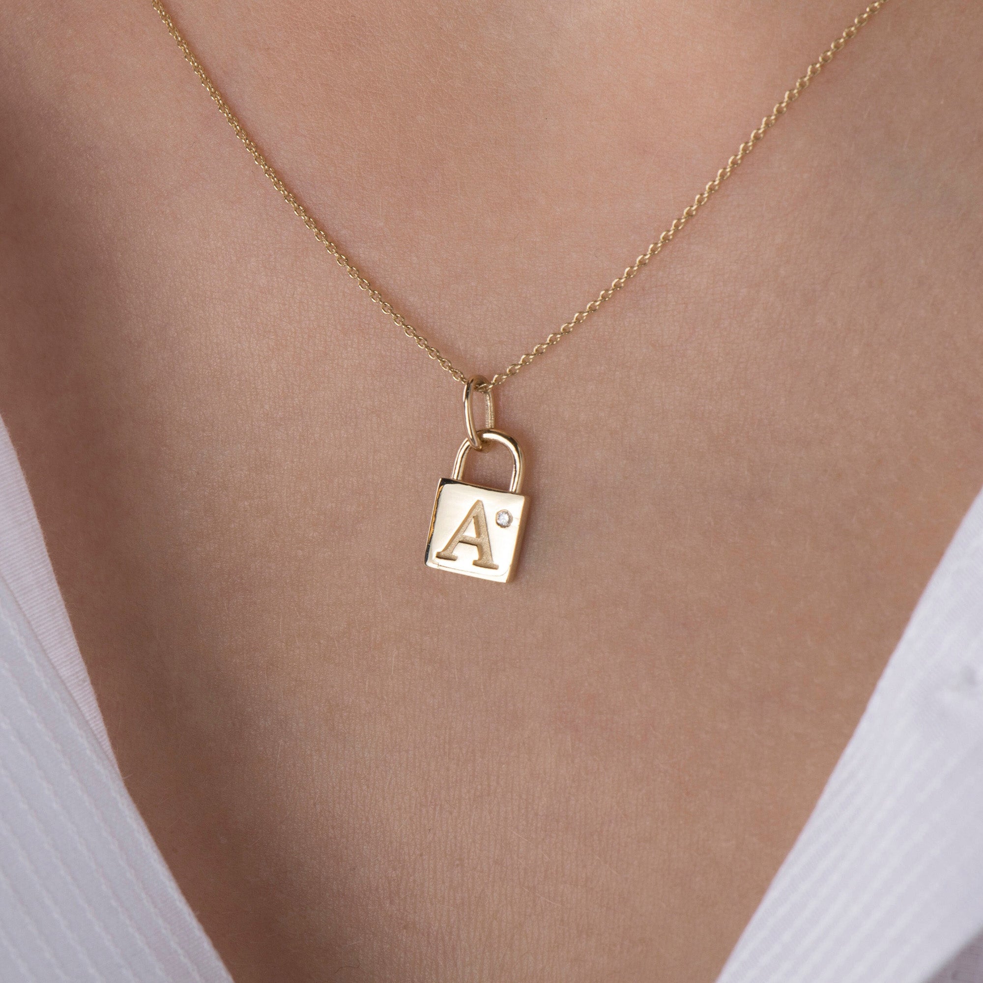 Birthstone Initial Padlock Necklace in 14K Gold