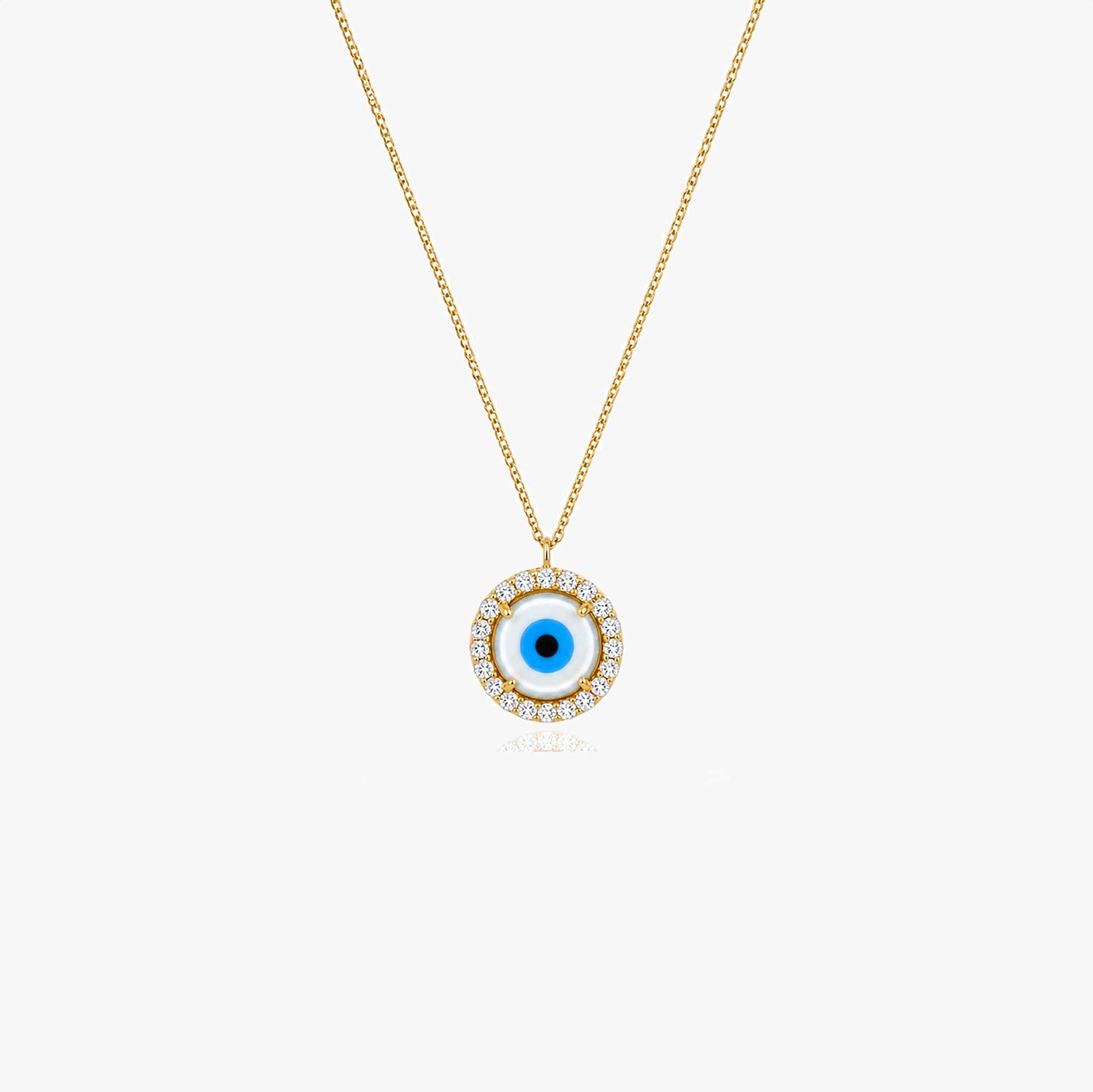 Mini Diamond and Mother of Pearl Evil Eye Necklace 14K Gold