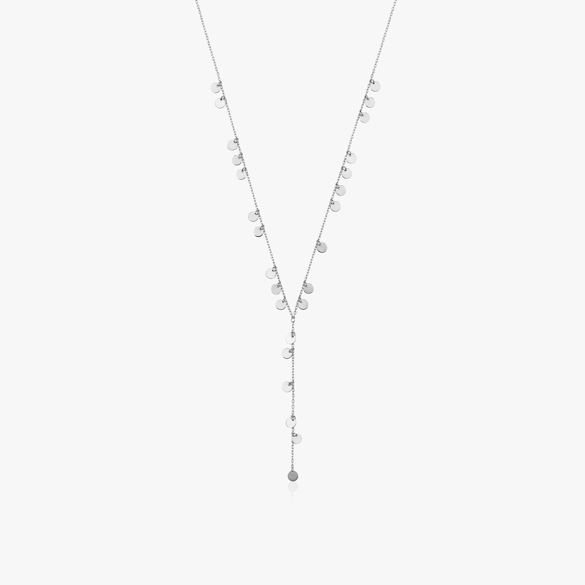 A 14K white gold lariat necklace featuring a series of round discs strung on a fine chain, with a yellow gold finish.