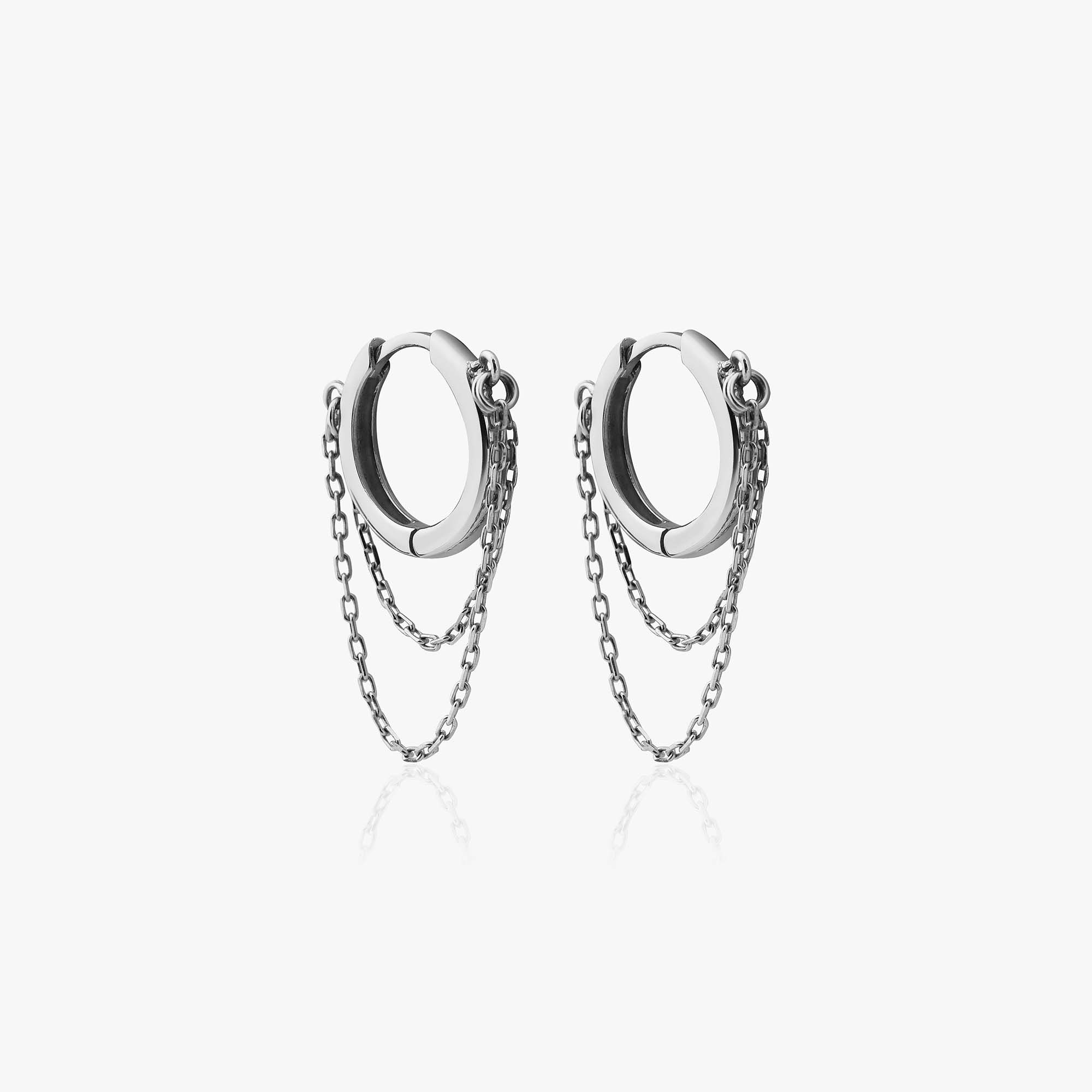 14K White Gold hoop earrings with chain extensions on a white background