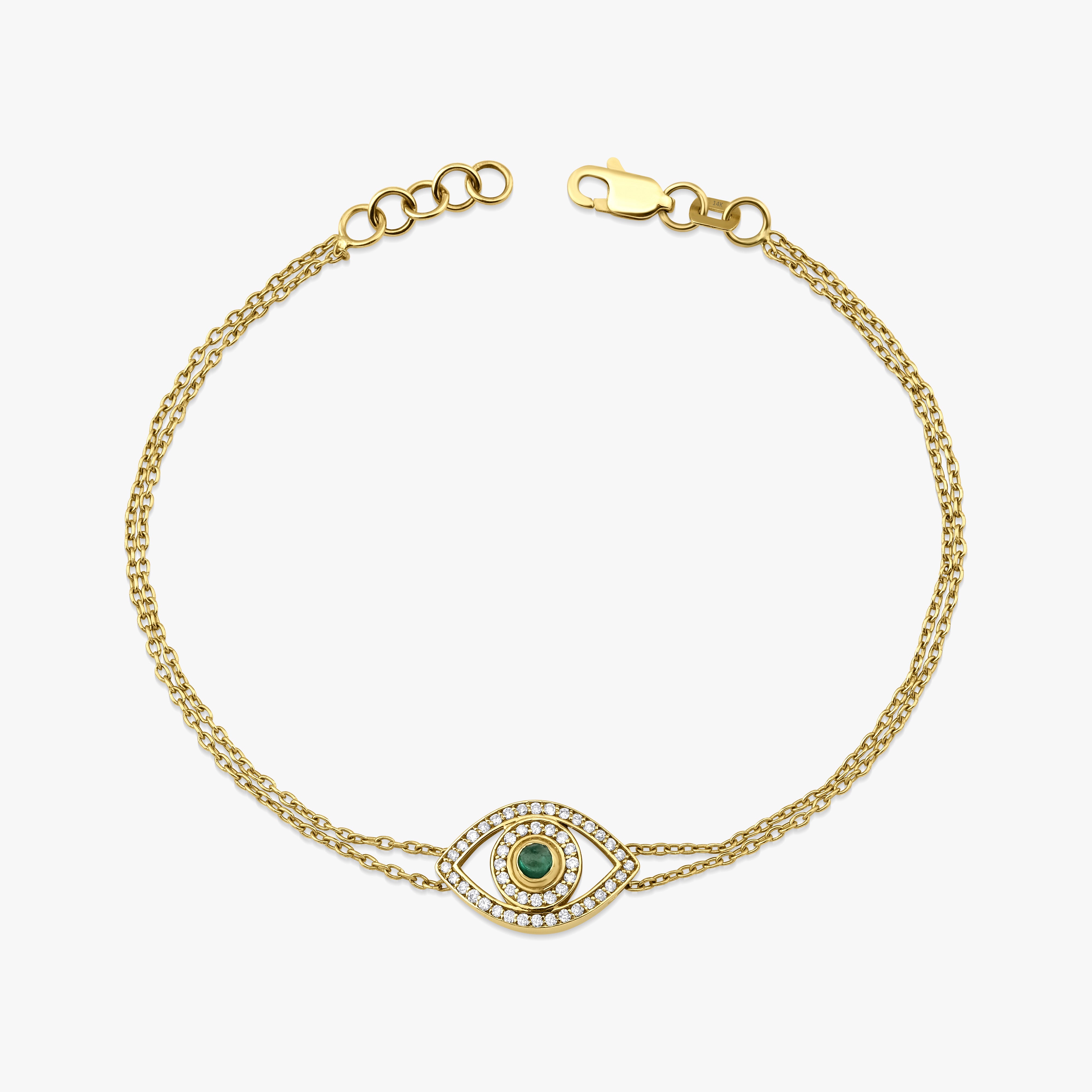 Emerald and Diamond Evil Eye Bracelet Available in 14K and 18K Gold