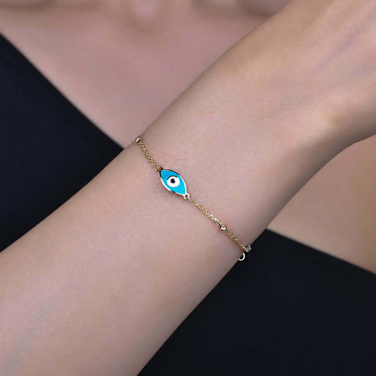 Double Chain Turquoise Evil Eye Bracelet in 14K Gold