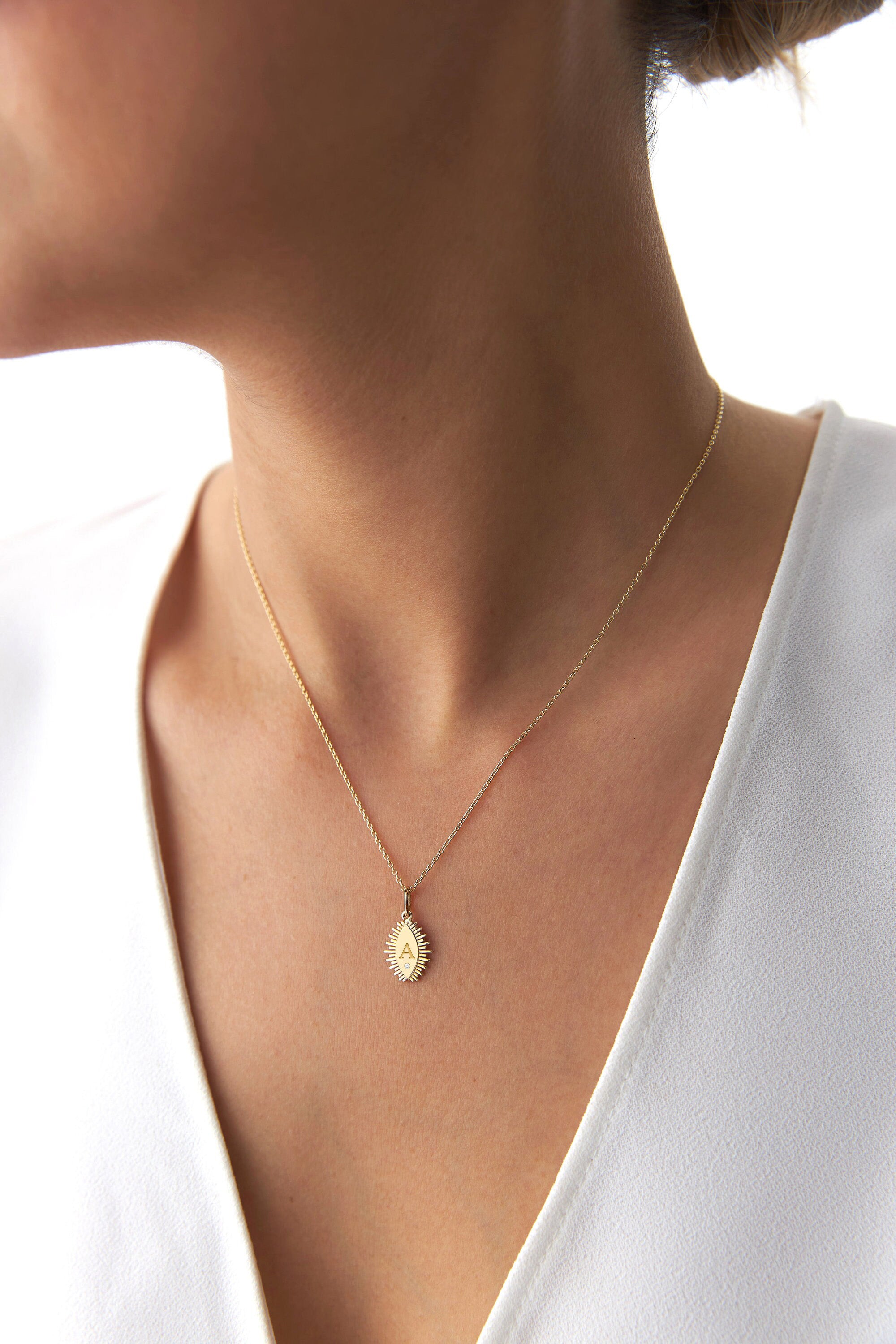 Mini Birthstone Eclipse Initial Necklace in 14K Gold