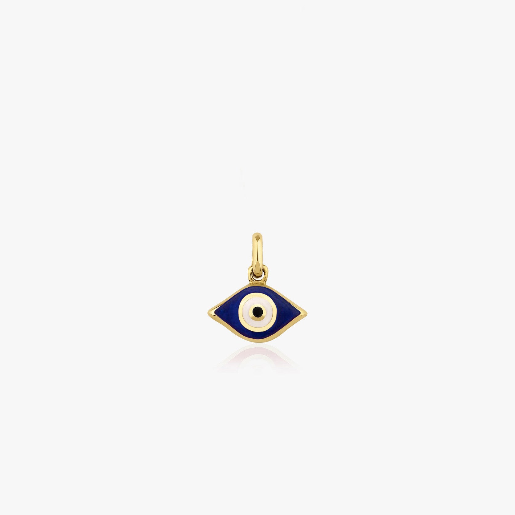 14k yellow gold pendant with a navy blue enameled eye design on a white background