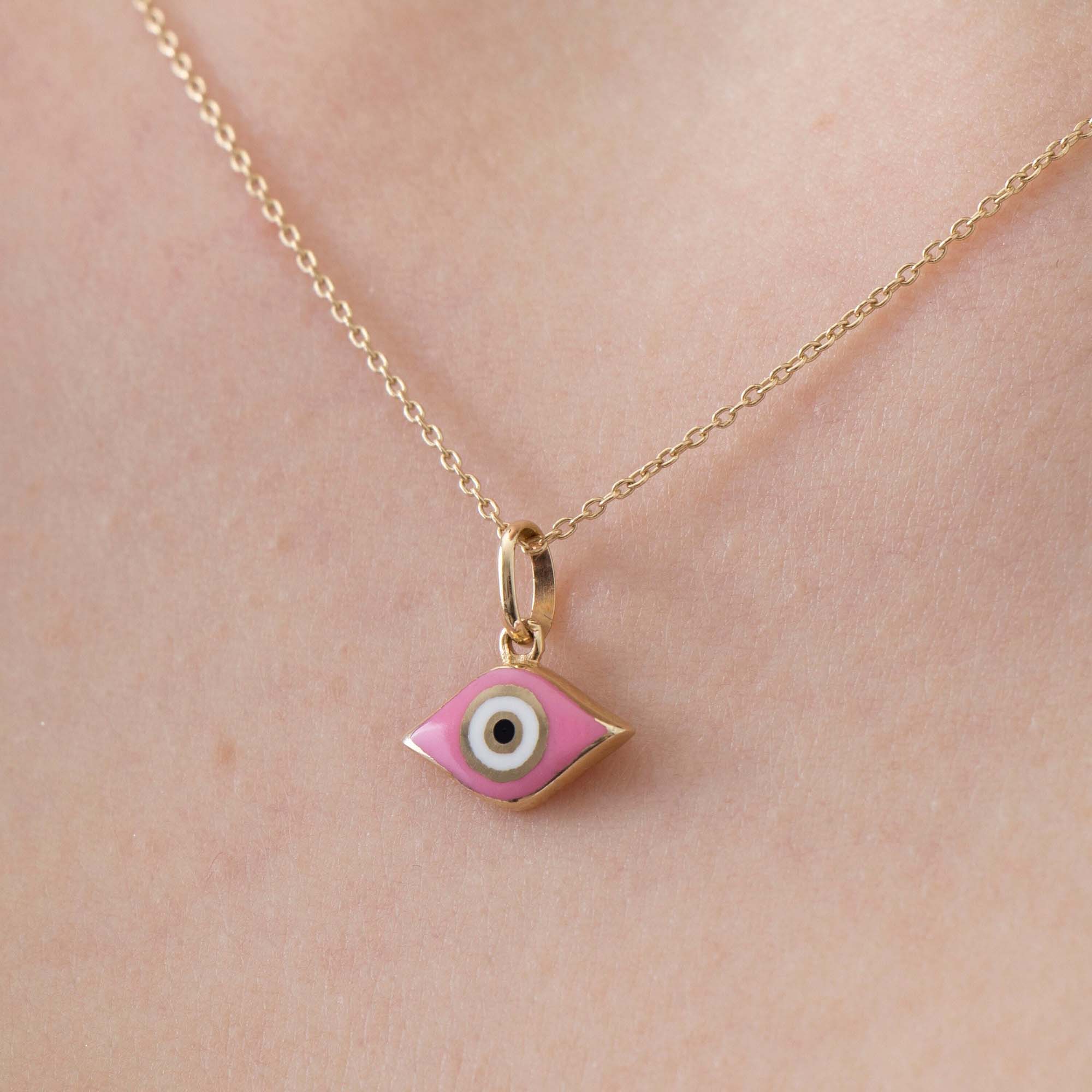 Elongated Pink Greek Eye Pendant in 14K Gold
