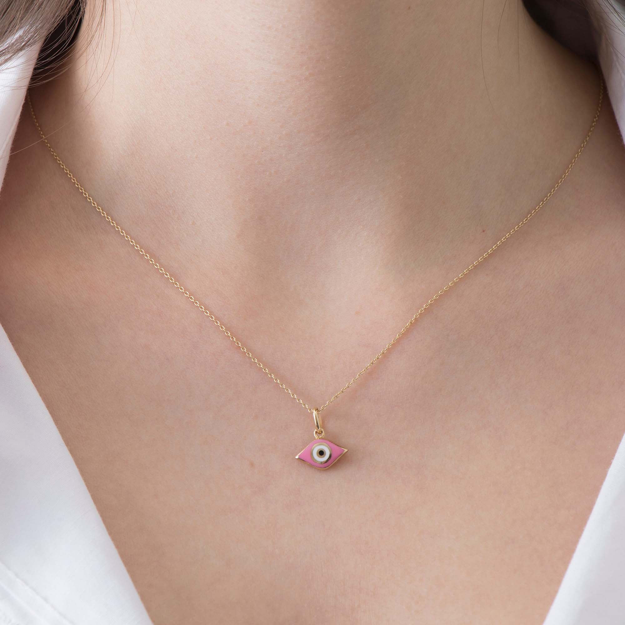 Elongated Pink Greek Eye Pendant in 14K Gold