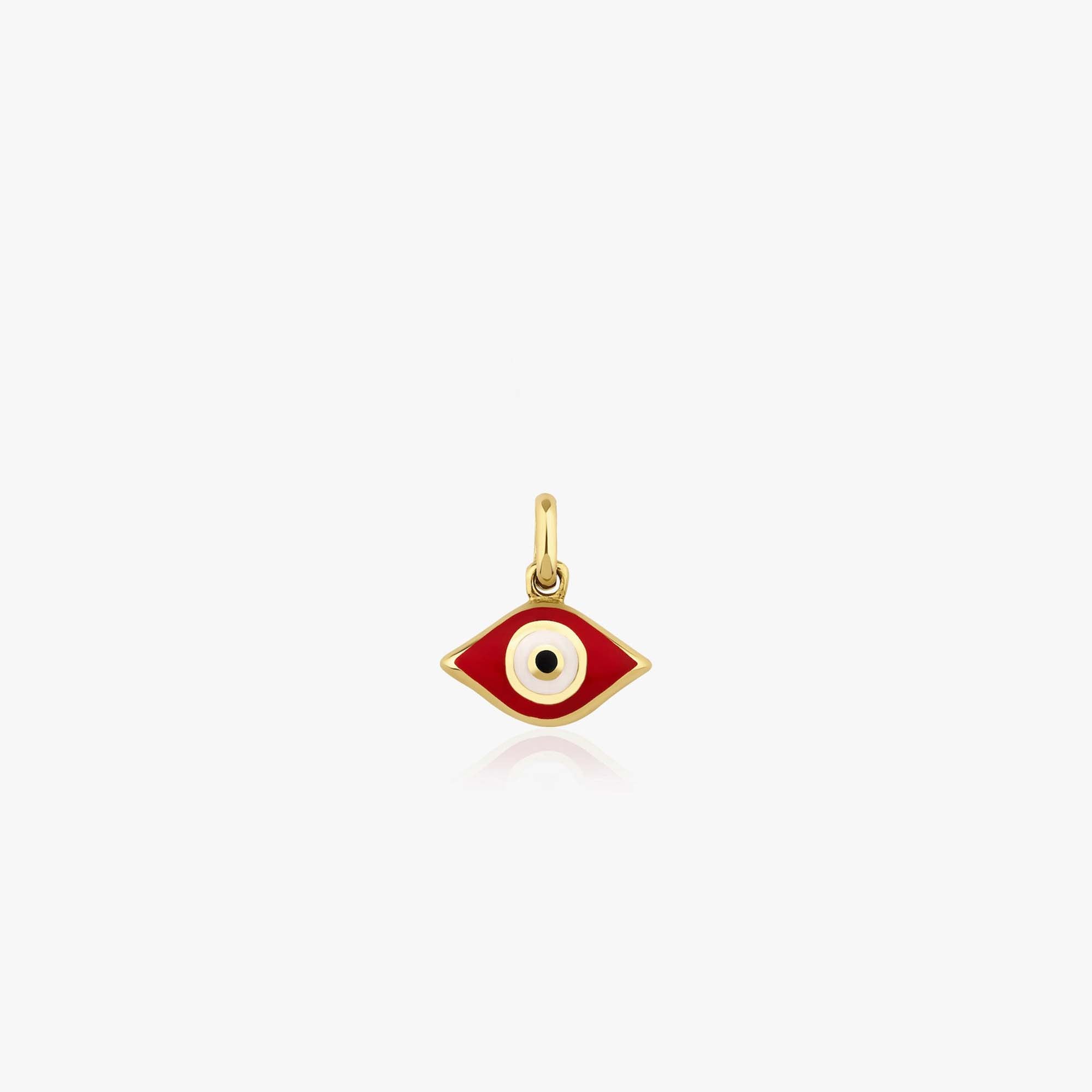 14k yellow gold pendant with a red enameled eye design on a white background