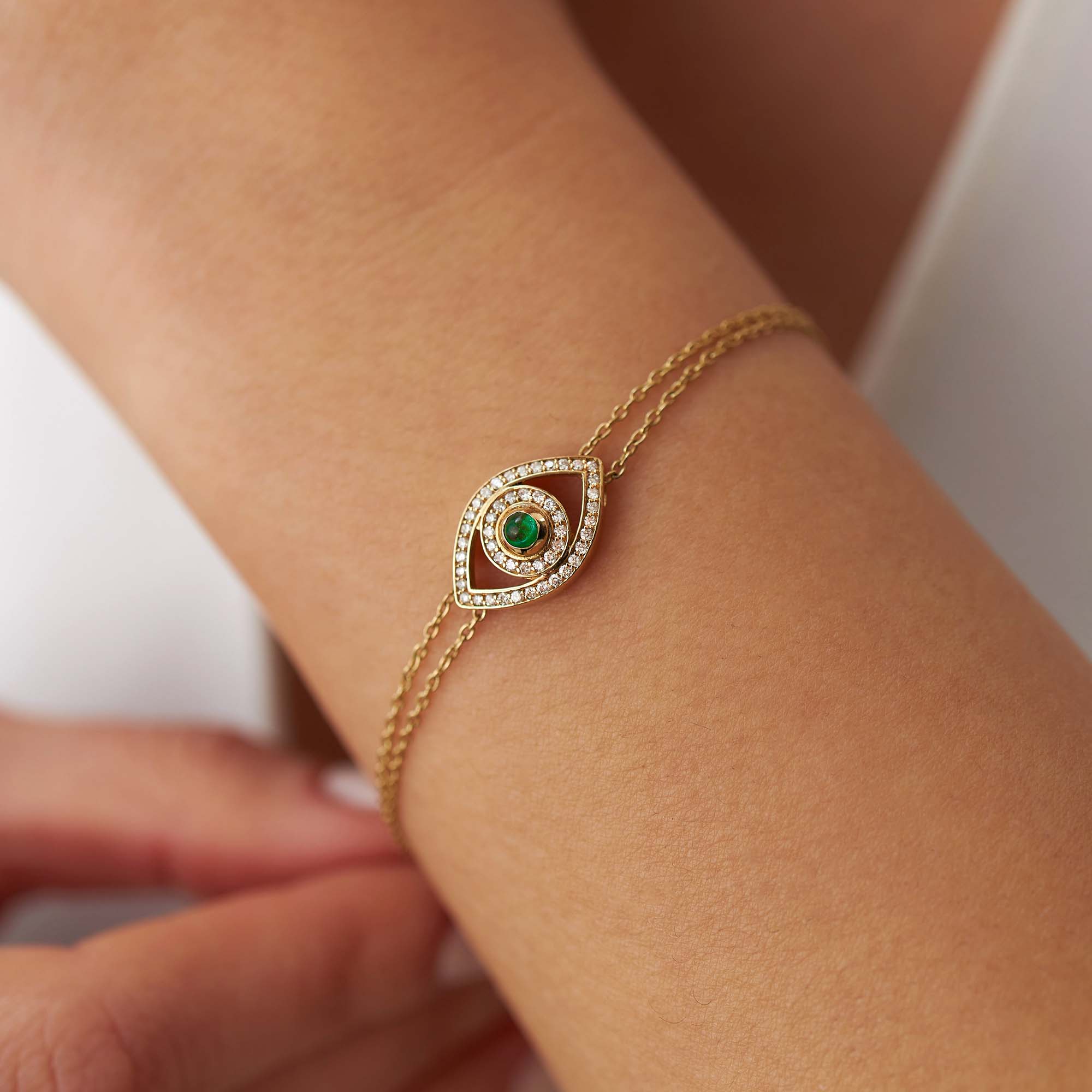Emerald and Diamond Evil Eye Bracelet in 14K Gold