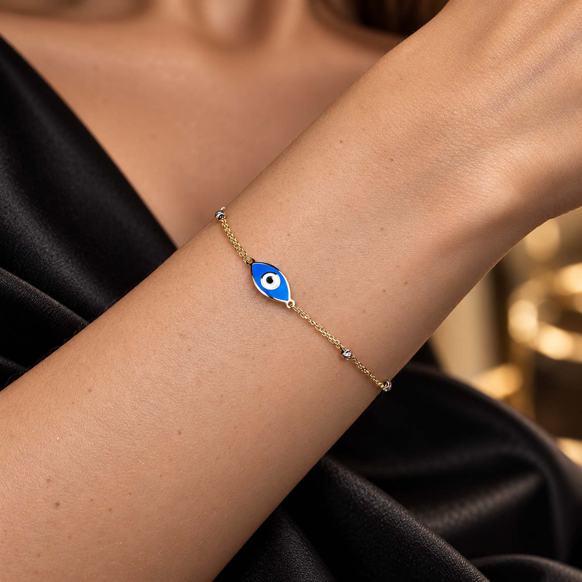 Double Chain Navy Blue Evil Eye Bracelet in 14K Gold