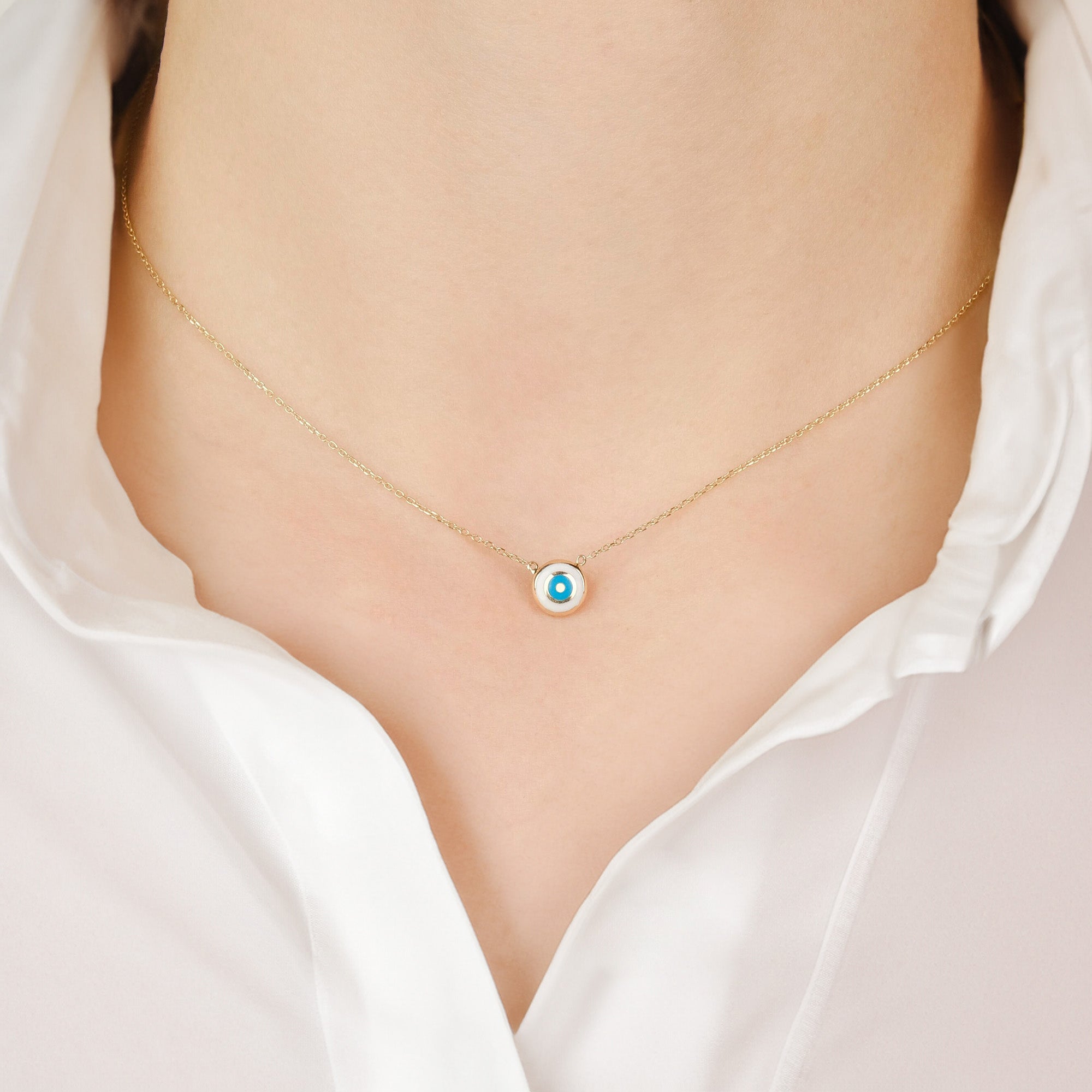 Mini White Evil Eye Choker Necklace in 14K Gold