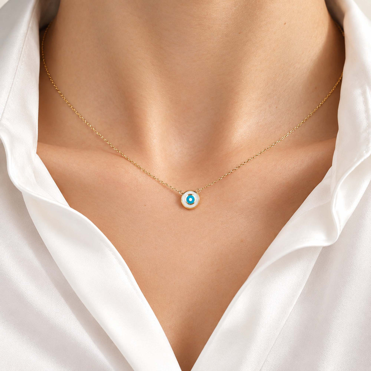 Mini White Evil Eye Choker Necklace in 14K Gold